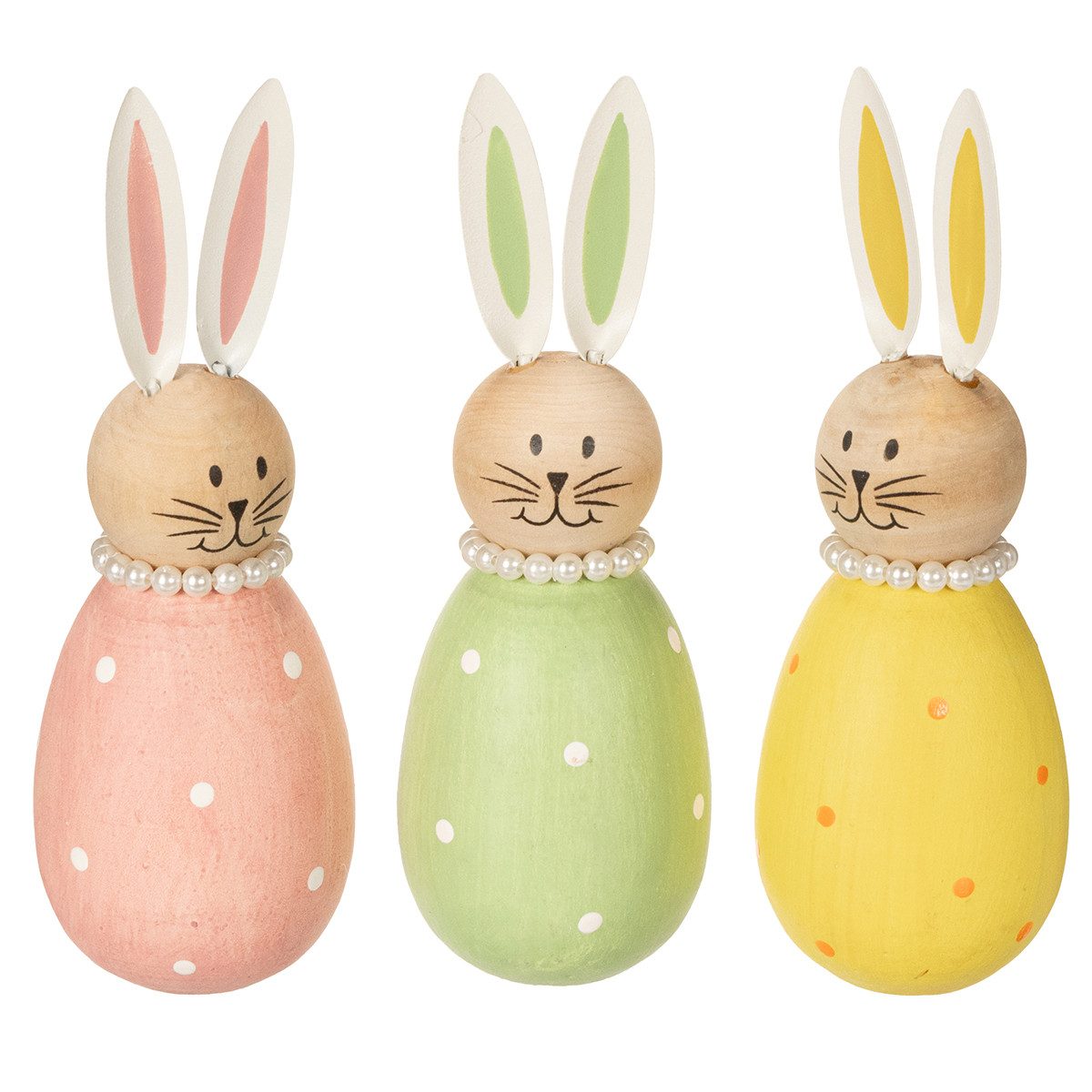 Viana Osterhase Osterdeko aus Holz mit Perlenketten für Tisch und Fensterbank, 3 Stück