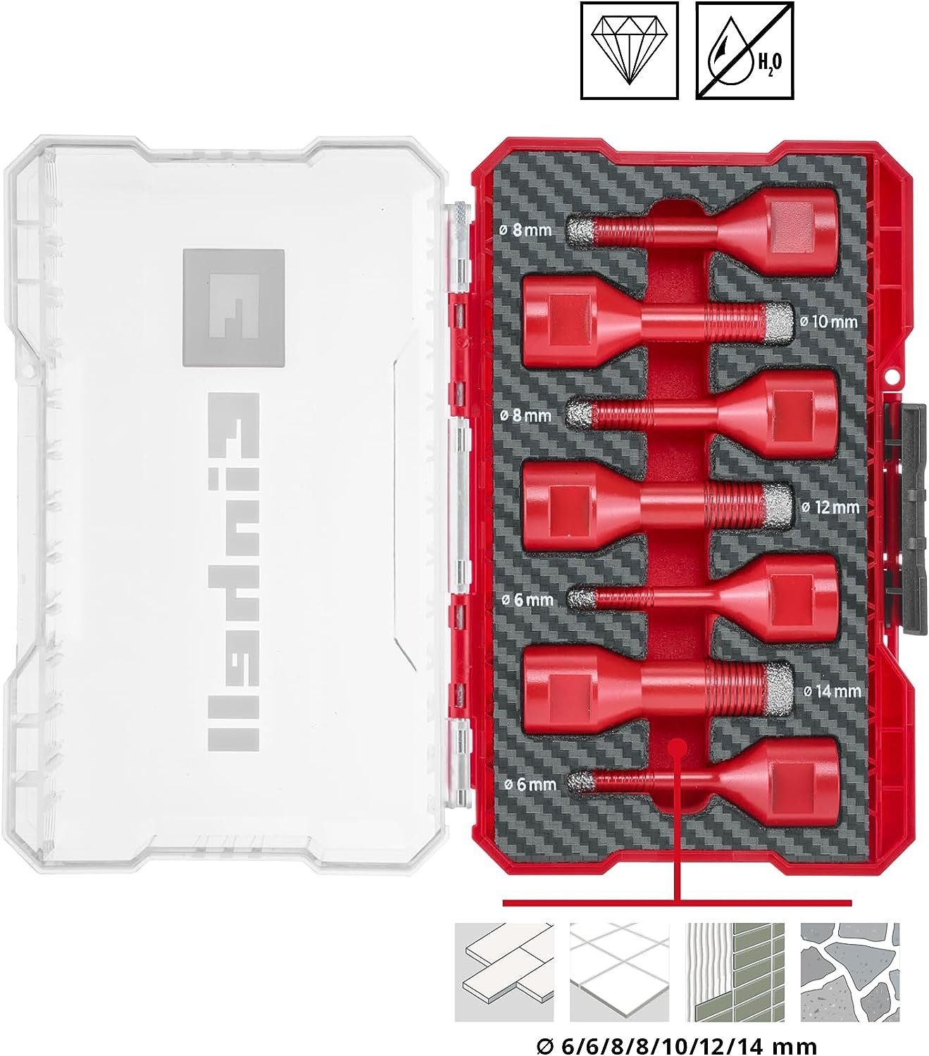 Trockenschnitt, 7-tlg. Einhell und M14 Fliesenbohrer-Set M-CASE Bohrer- Bitset, 7-mm-Diamantbesatz