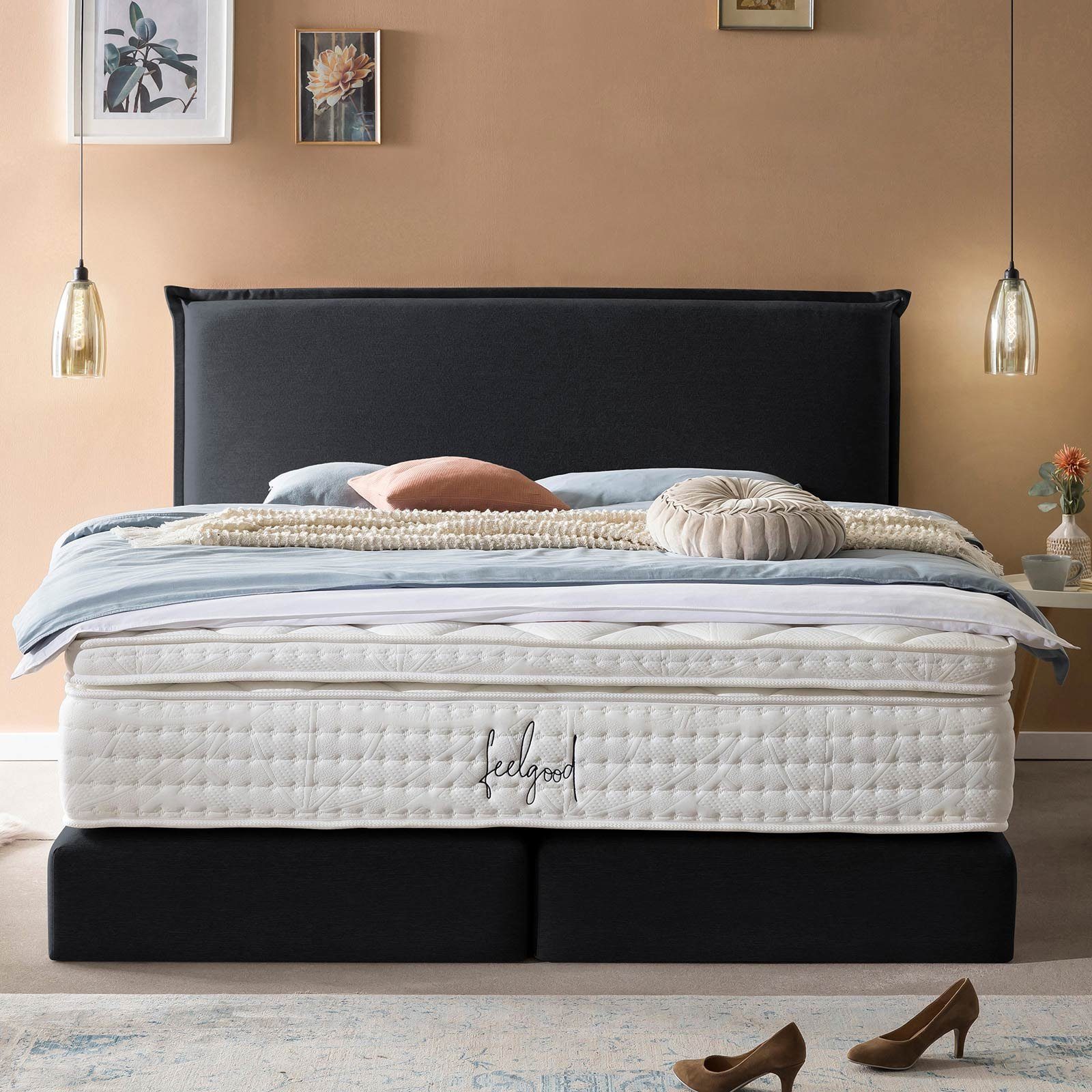 BettCo Boxspringbett London (in Schwarz Webstoff, 140 x 200 cm), Zeitloses-Design mit Biese + optionaler Topper, Gleiterfüße