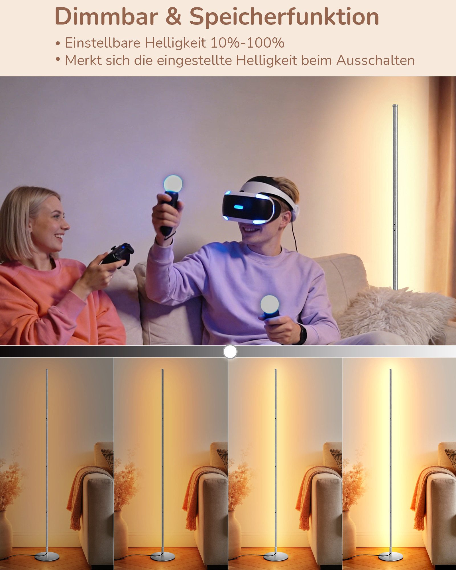 EDISHINE LED Stehlampe Wohnzimmer dimmbar, LED fest integriert, warmweiß, Minimalistische Stehleuchte