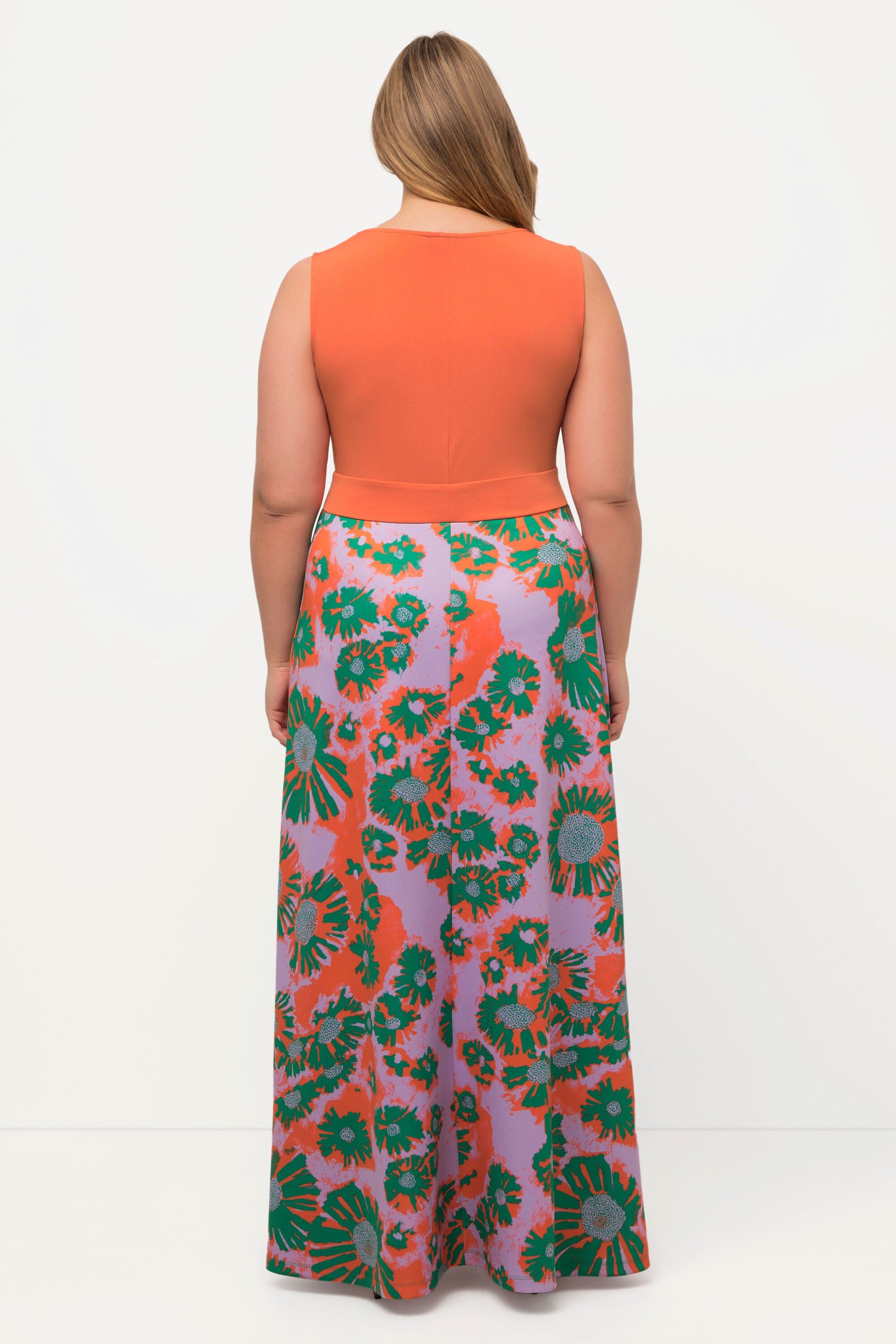 Ulla Popken Cocktailkleid Jersey-Maxikleid Blüten V-Ausschnitt ärmellos