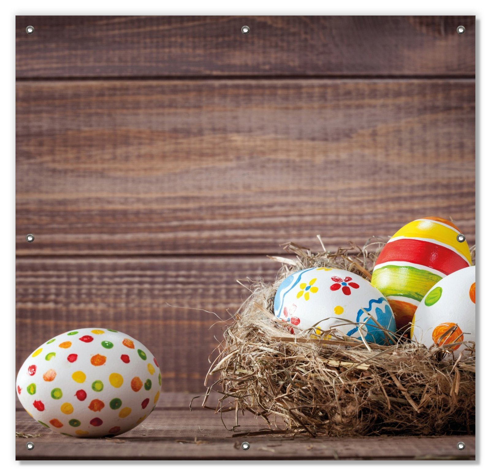 Sonnenschutz Bunte bemalte Eier wiederverwendbar Wallario, mit blickdicht, und wiederablösbar im an hölzerner Vorgelnest Ostern Saugnäpfen, vor Wand