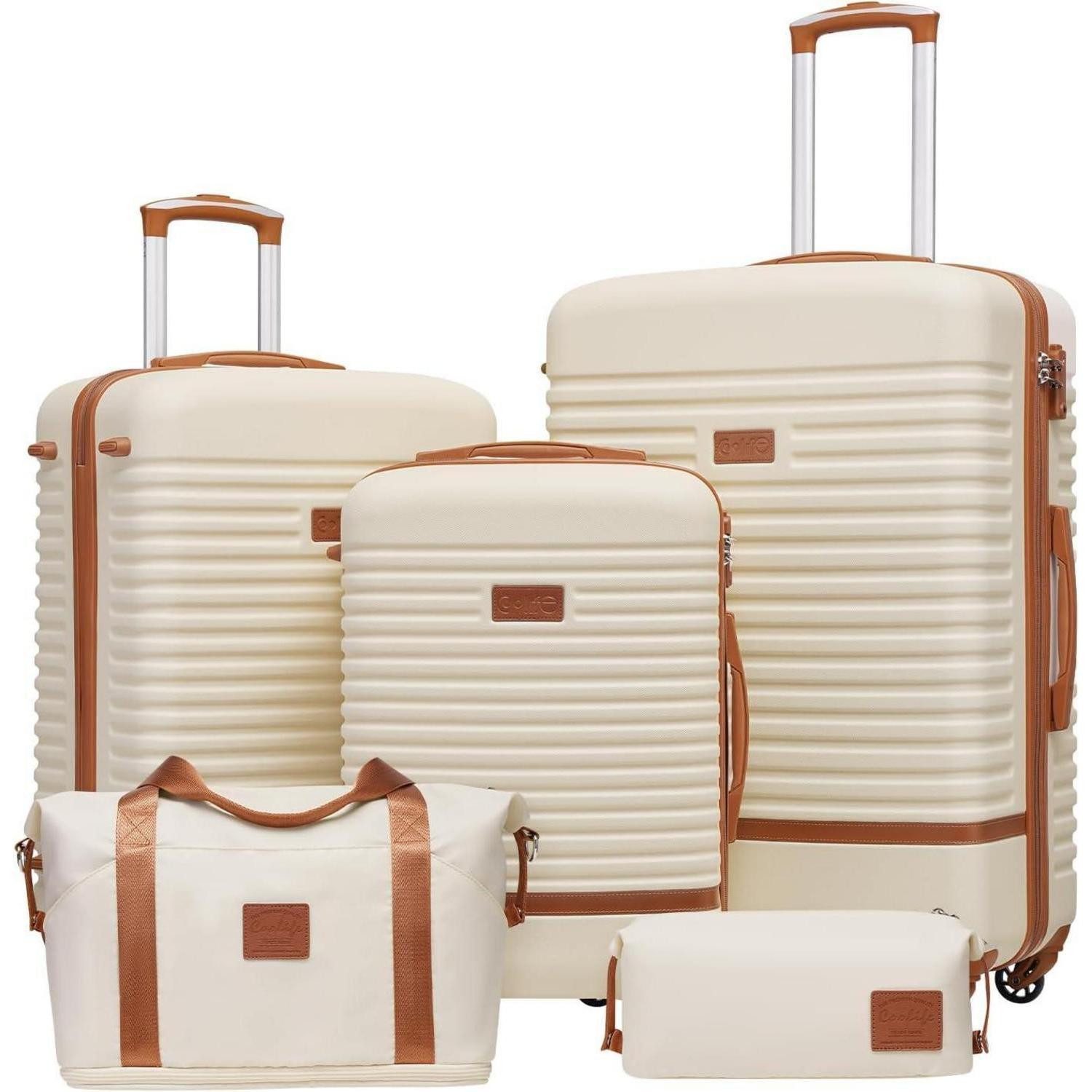 LuxusKollektion Kofferset Koffer Trolley Set Hartschalen 4 Rollen TSA-Schloss 5tlg Weiß/Braun