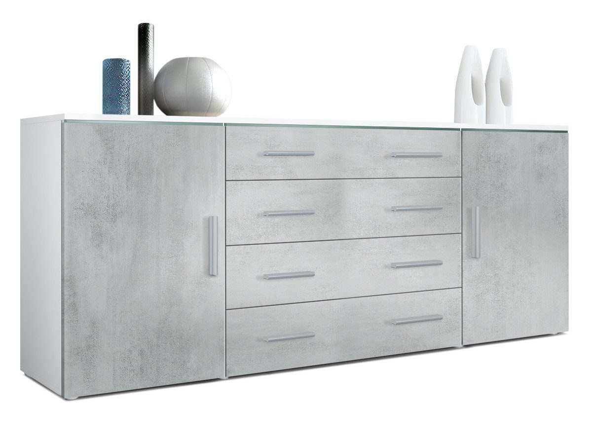 Vladon Sideboard Verona V2 (Kommode, mit 2 Türen und 4 Schubladen), Weiß matt/Beton Oxid Optik (166 x 72 x 35)