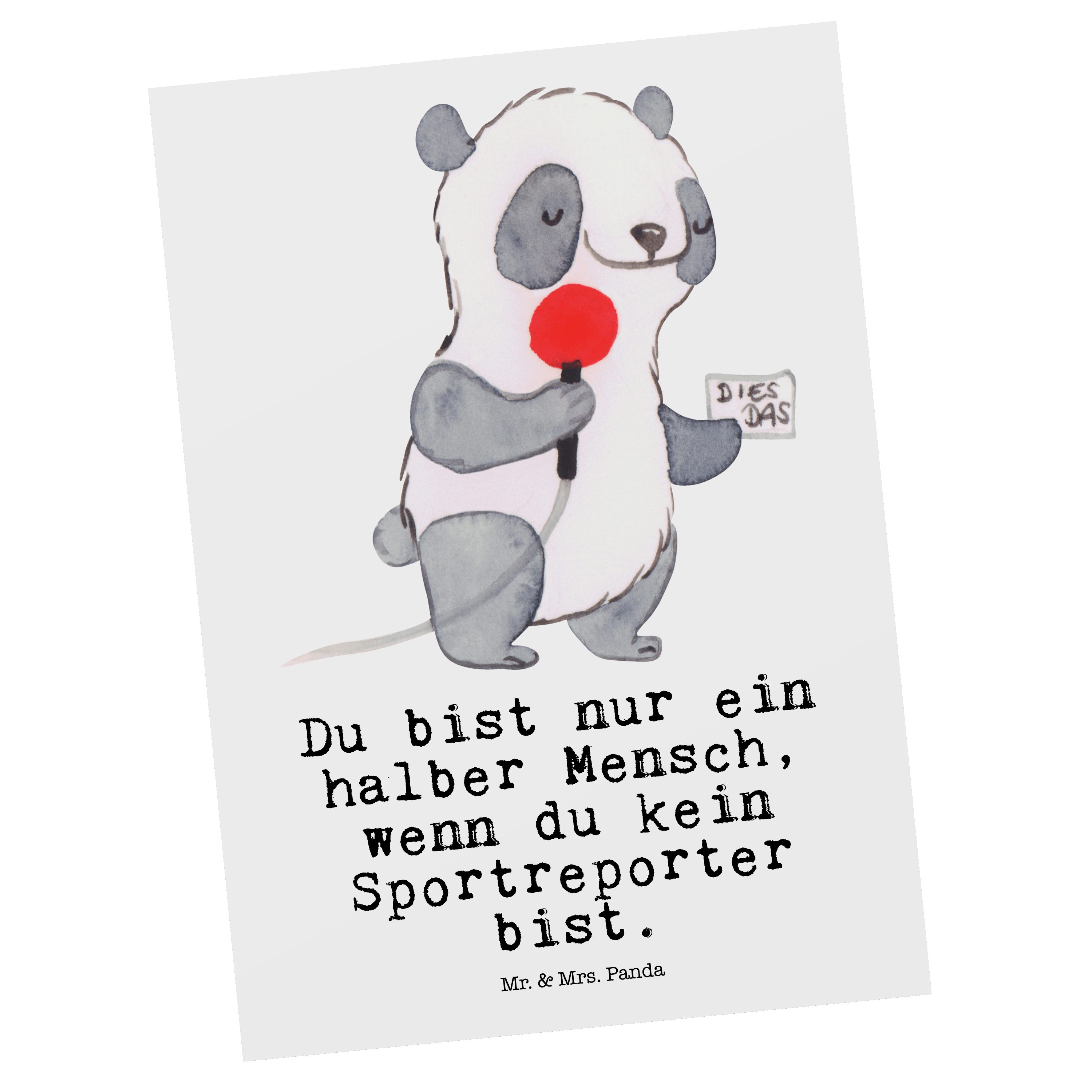 Mr. & Mrs. Panda Postkarte Sportreporter mit Herz - Weiß - Geschenk, Karte, Ansichtskarte, Danke