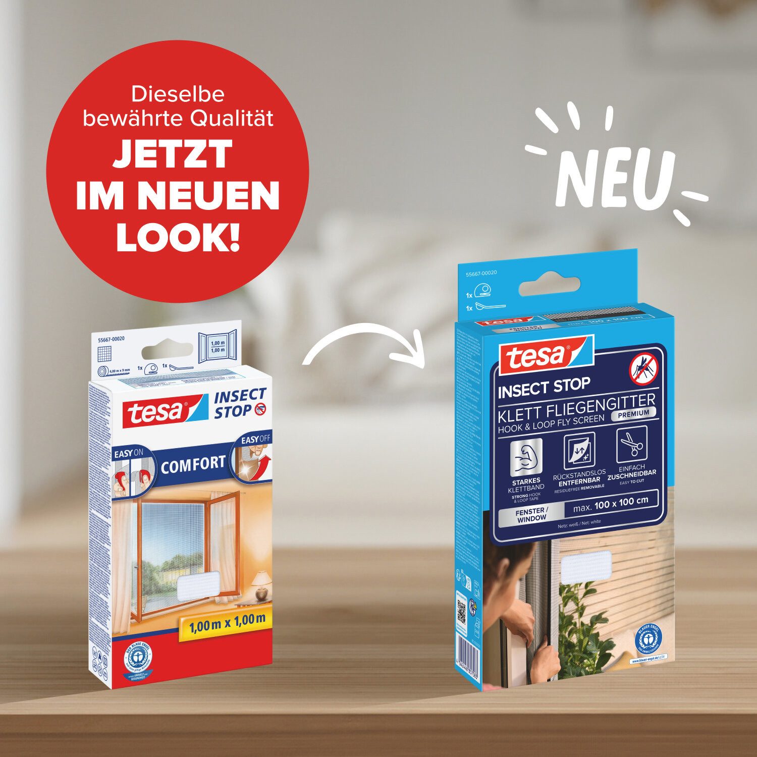 tesa Insektenschutz-Fensterrahmen Klett Fliegengitter Premium für Fenster, Insektenschutz, ohne bohren, (Komplett-Set, 1-St., zuschneidbar, selbstklebend - 100 cm x 100 cm - Weiß (Sichtschutz), Mückenschutz mit starkem Klettband, rückstandsfrei entfernbar