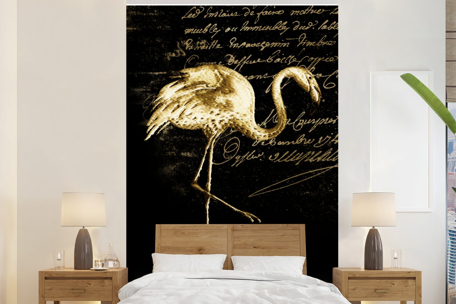MuchoWow Fototapete Flamingo - Illustration - Gold, Matt, bedruckt, (3 St), Montagefertig Vinyl Tapete für Wohnzimmer, Wandtapete