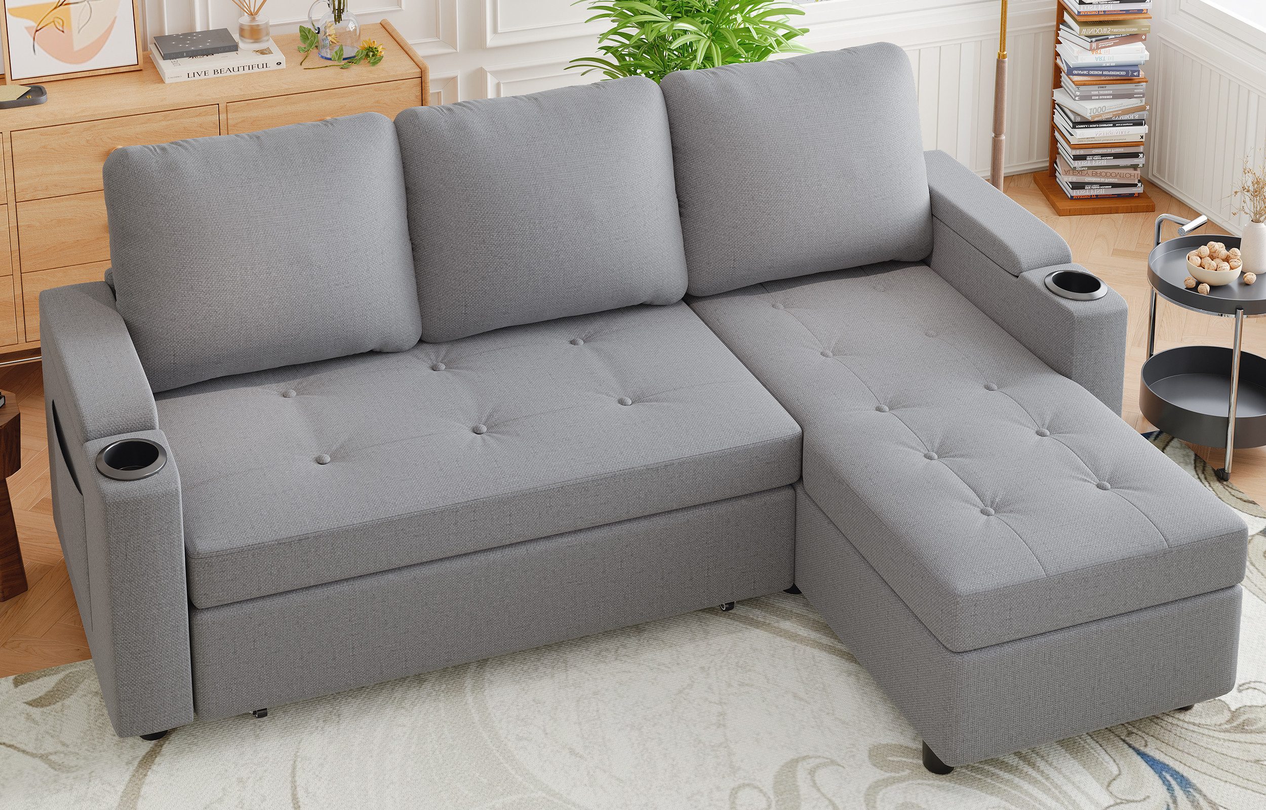 HOMALL Ecksofa Multifunktionaler Stauraum Ausziehbares L-förmiges Schlafsofa, Integrierter spritzwassergeschützter Getränkehalter, Seitentaschen, internes Staufach