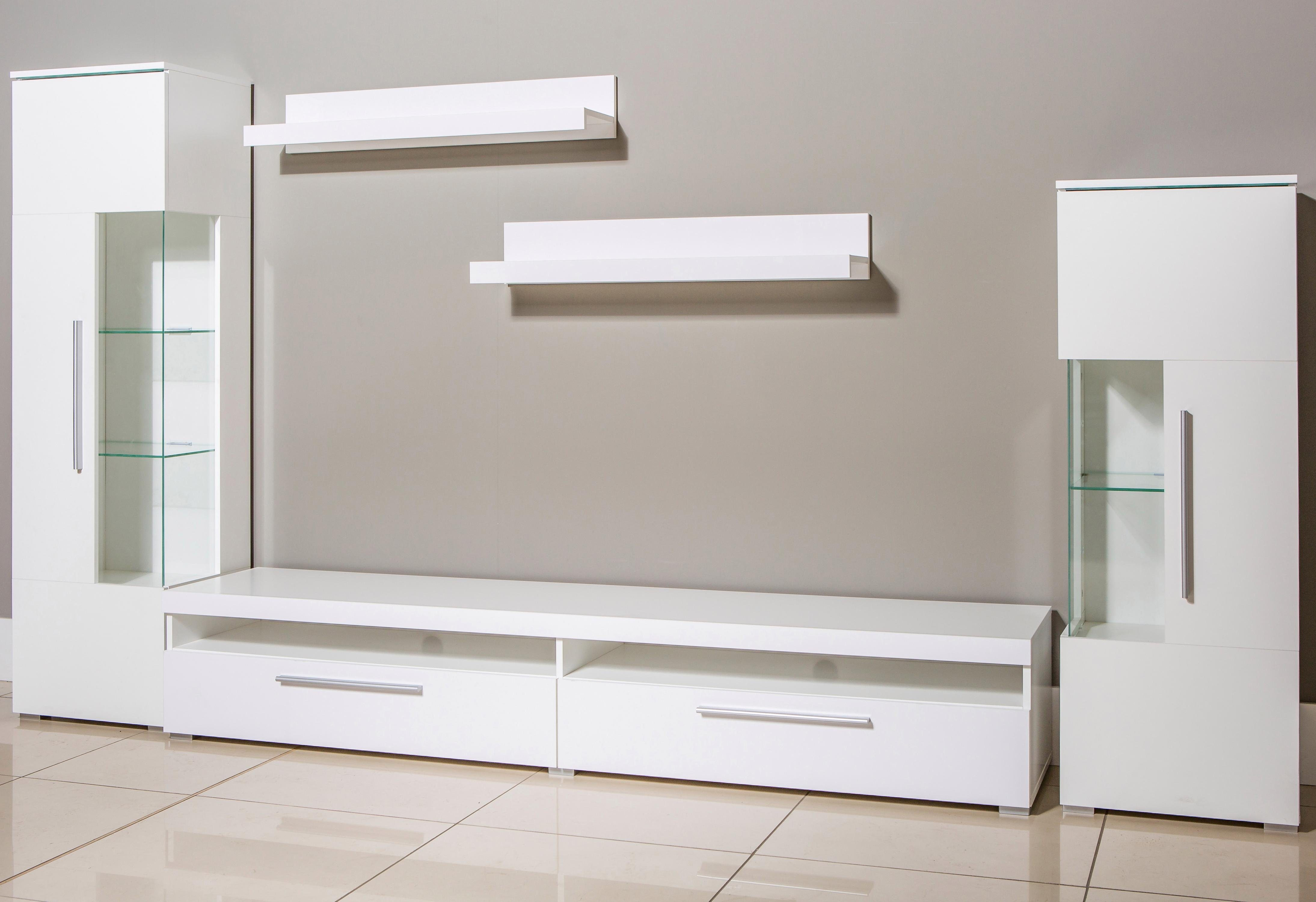 OTTO home Wohnwand India,Breite 290cm moderne Mediawand ohne Beleuchtung, (Set, 5-St., fdete), Anbuwand (Set,5-St, 2xVitrine, 1TV-Schrank, 2xWandregal) viel Stauraum