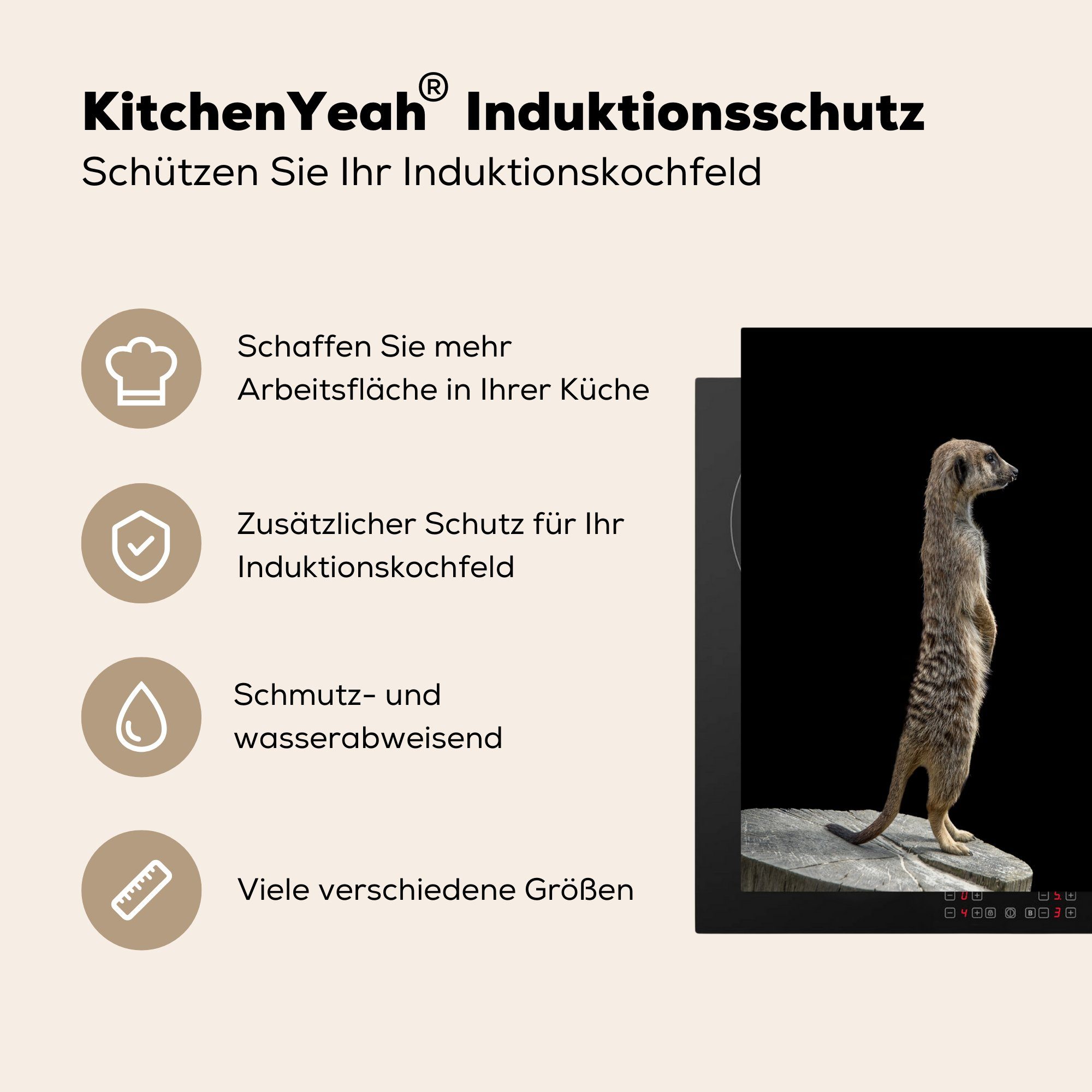 küche, (1 - Ceranfeldabdeckung Induktionsmatte Tiere Erdmännchen Schwarz, die MuchoWow Wilde 59x52 cm, - tlg), Herdblende-/Abdeckplatte für Vinyl,