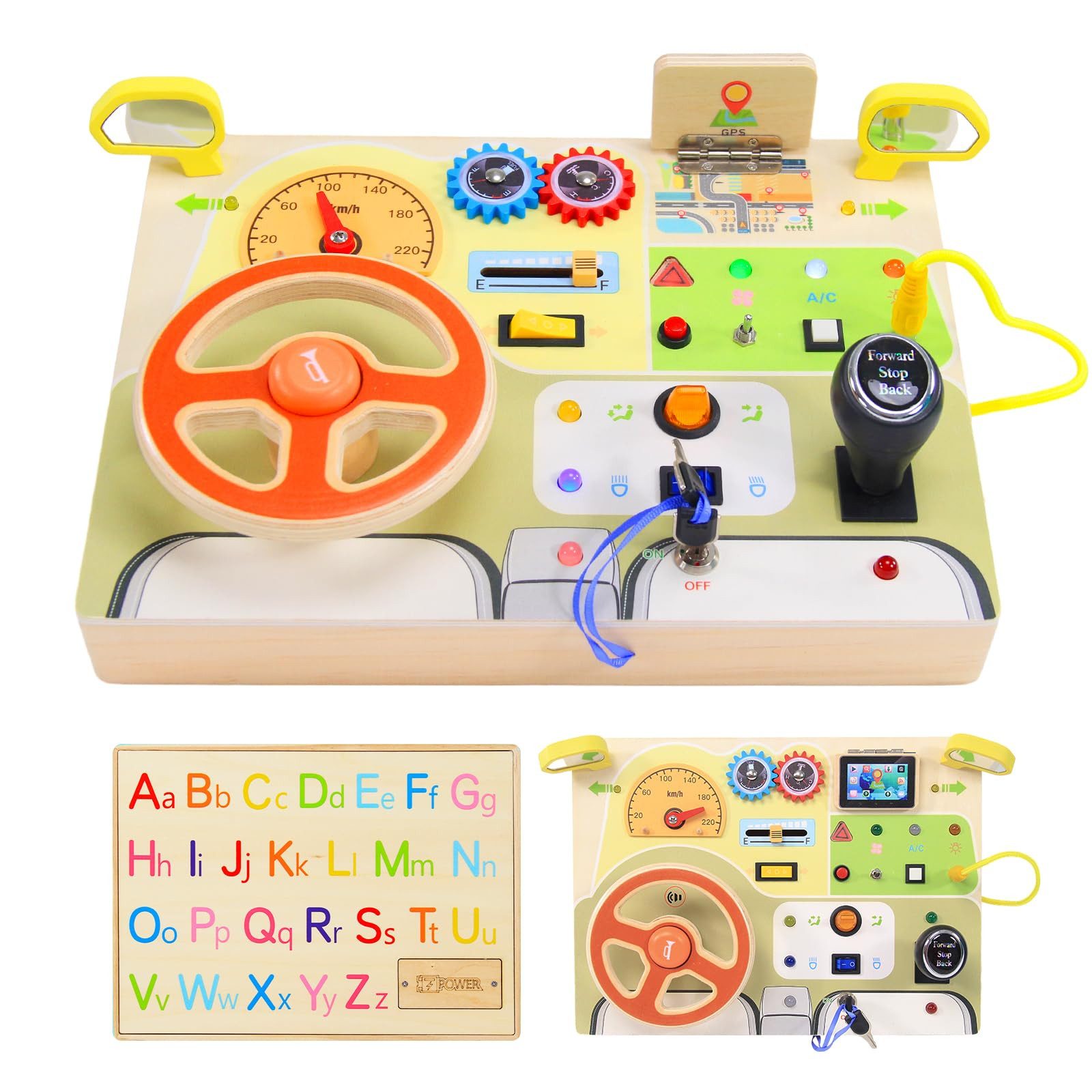 CLTYQ Motorikbrett Montessori Sensorik‑Busyboard mit Lenkrad & LED‑Schaltern, Simuliertes Lenkrad, Holzschalttafel für Kleinkinder Reisespielzeug