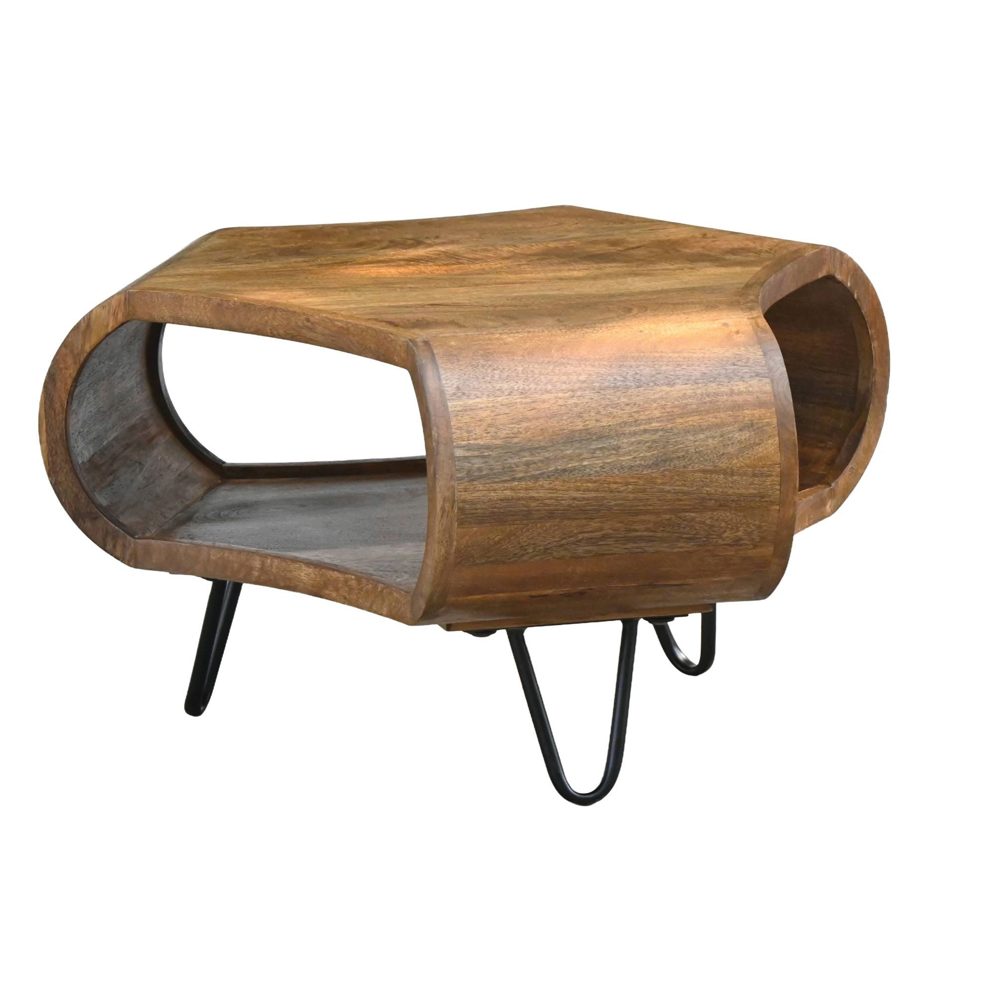 Wohnling Couchtisch WL7.449 60cm Massivholz mit Ablagefach Wohnzimmertisch Beistelltisch (Moderner Wohnzimmertisch aus Mangoholz), Organisch geformter Kaffeetisch mit Metallbeinen
