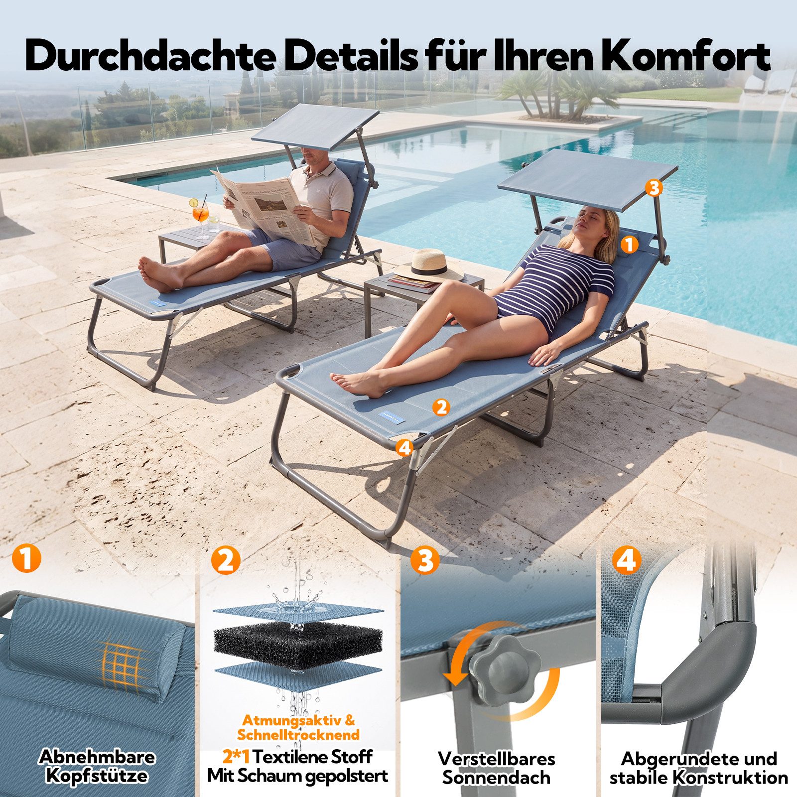 HOMECALL Gartenliege Sonnenliege AluLiege Liegestuhl Strandliege Liegen wetterfest, klappbar, Textilene Mit Dickemschnelltrocknende Schaumstoffpolsterung, Verst – Bild 5 von 5