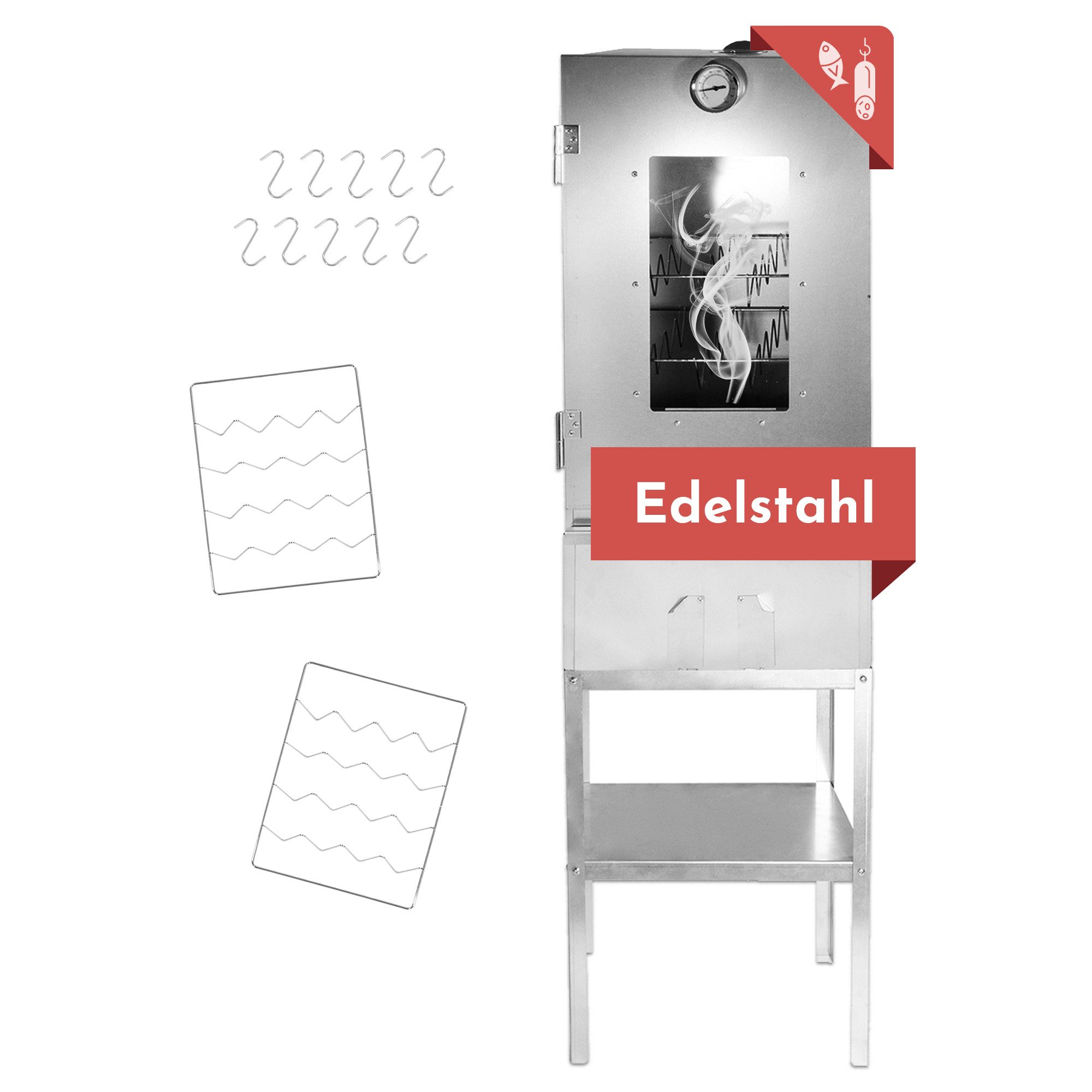 Lemodo Räucherofen Edelstahl mit Untergestell, Räucherschrank, Kalträucherofen, Inkl. vielseitigem Zubehör, rückenschonendes räuchern