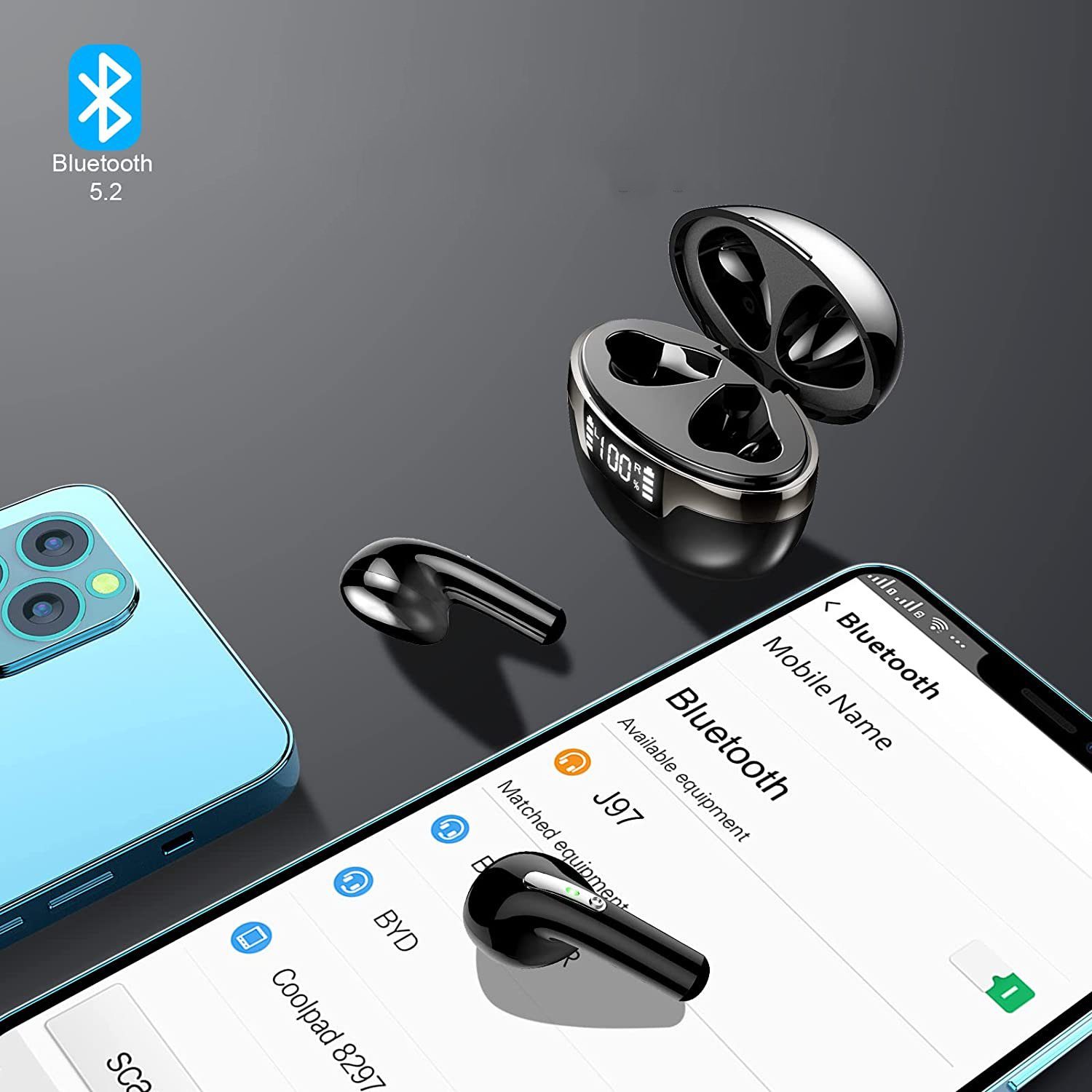 Stereo wireless Bluetooth Wasserdicht In-Ear-Kopfhörer Ear In HiFi Ohrhörer Bluetooth (mit NEIN, LED Kabellos Mikrofon für Kopfhörer, Sport Bedee mit Bluetooth, Anzeige, Arbeit) 5.2