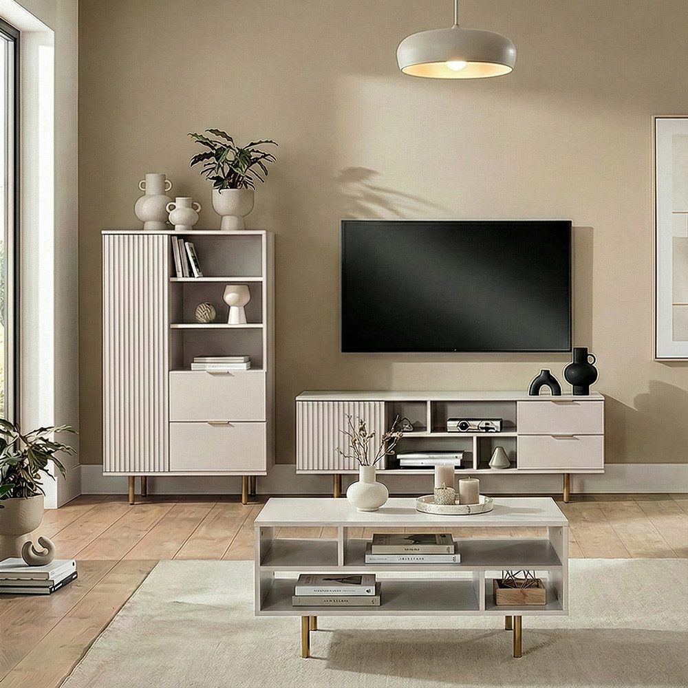 Lomadox Wohnzimmer-Set NADOR-132, (Mega-Spar-Set, 3-St., Couchtisch Highboard Lowboard), Kaschmir mit goldfarbenen Metallgriffen und -füßen, Front Rillenoptik