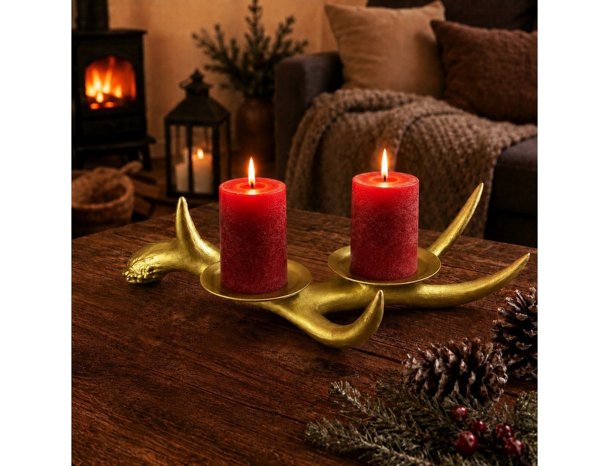 Online-Fuchs Kerzenständer Hirschgeweih, Halter für 2 Stumpenkerzen - Deko Herbst & Weihnachten (Weiß oder Gold zur Wahl, 31 cm groß), verbindet stilvolle Eleganz mit rustikalen Charme