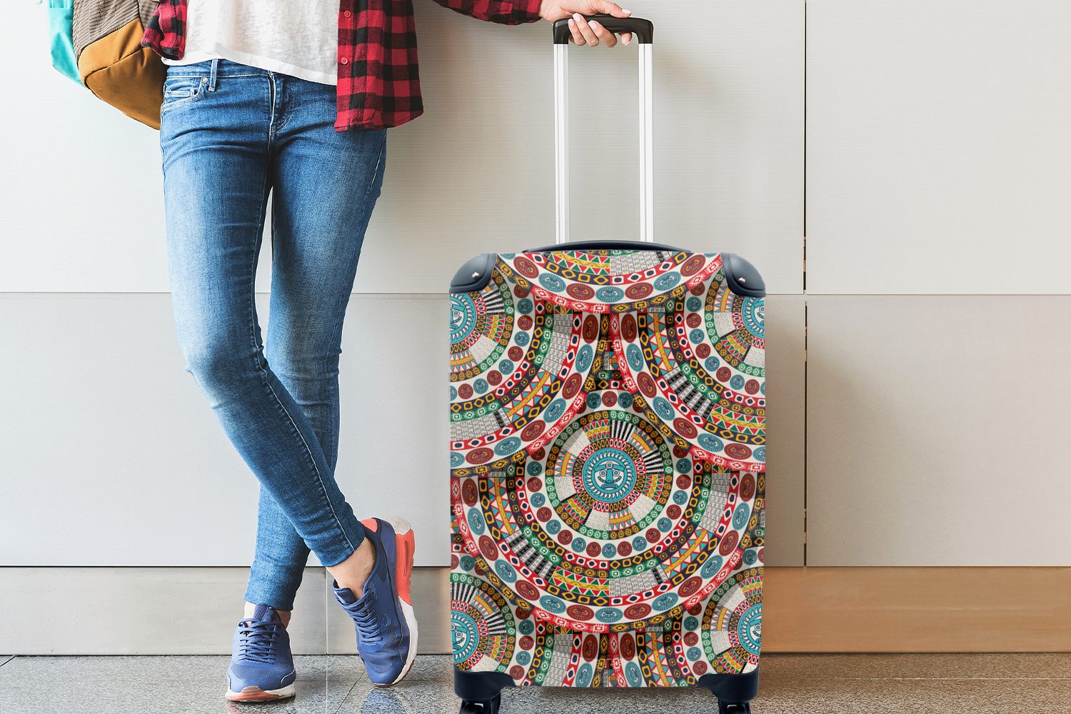 MuchoWow Handgepäckkoffer Fliese Kreise Reisekoffer Handgepäck Rollen, - für Muster, Reisetasche rollen, - mit - Ferien, Azteke 4 Trolley