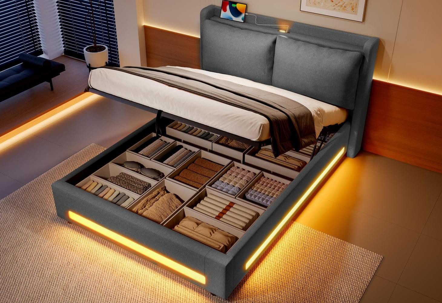 LVHOM Boxbett 140x190cm, 140/160x200cm, mit Bettkasten, LED, USB-/Typ-C-Ans günstig online kaufen