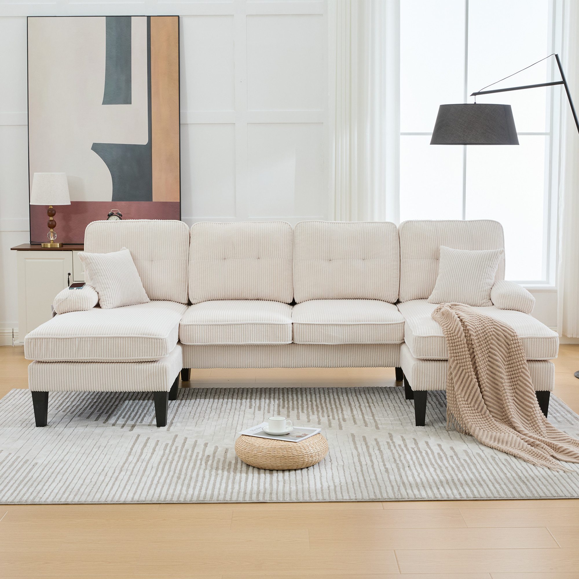 TavilaEcon Ecksofa Modernes 4-Sitzer U-Sofa mit Doppel-Chaise-Longue, 1 Teile, aus weichem Leinenstoff, mit komfortabler Polsterung