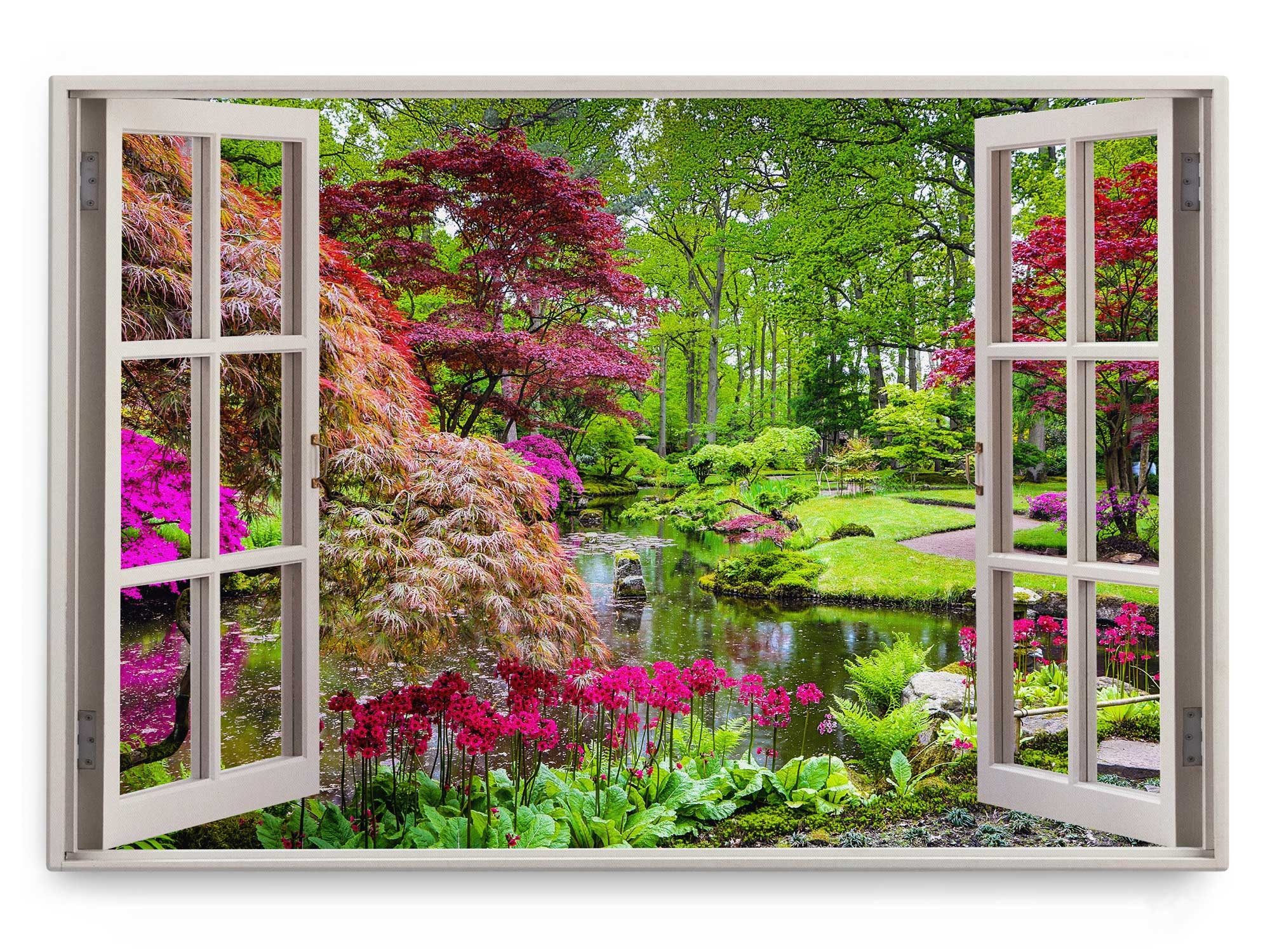 Sinus Art Leinwandbild Wandbild 120x80cm Fensterbild Japanischer Garten Grün Natur Park Teich, (1 St)