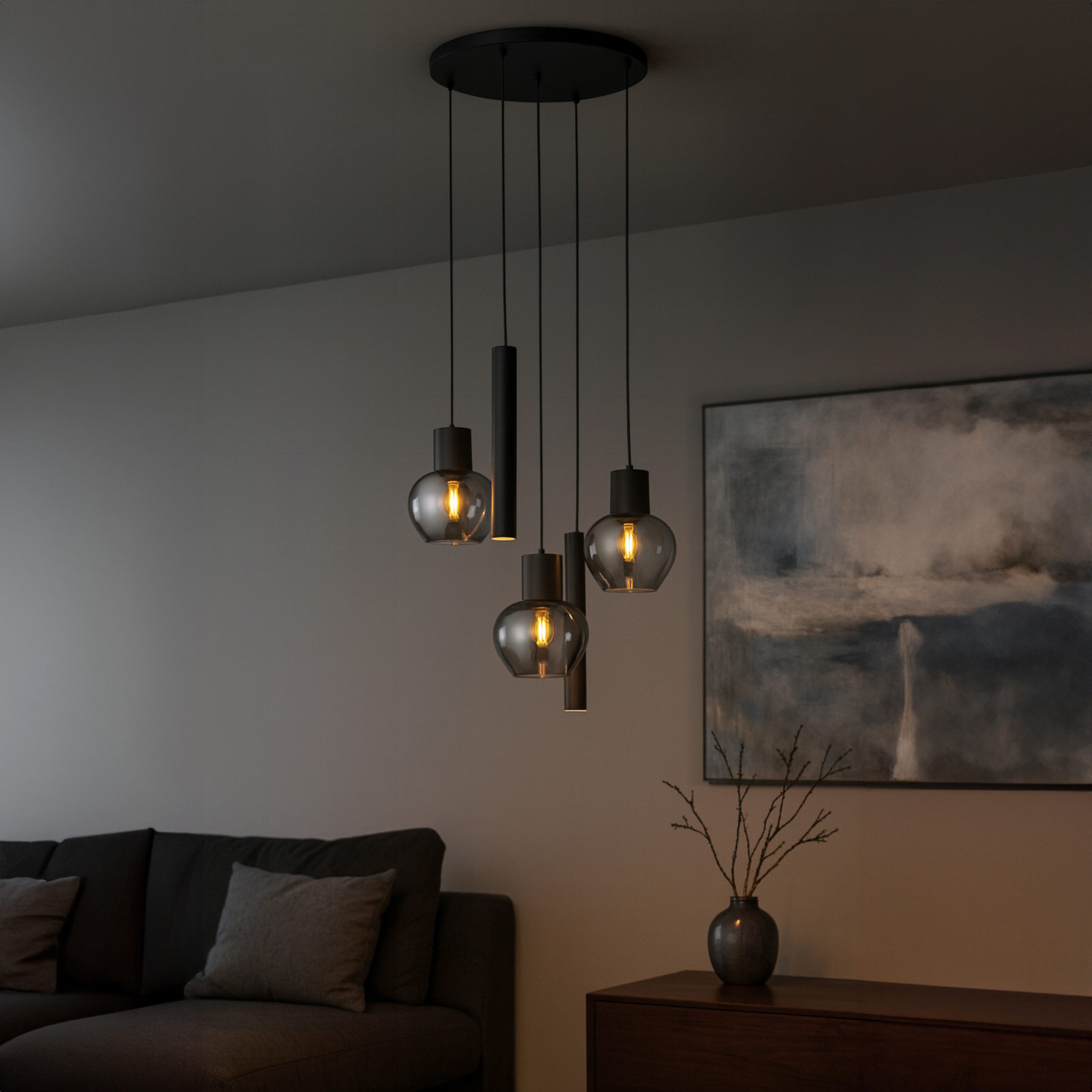 Lightbox Pendelleuchte, ohne Leuchtmittel, Ø 68 cm x 150 cm, 3 x E27 und 2 x GU10, Aluminium Rauchglas, schwarz