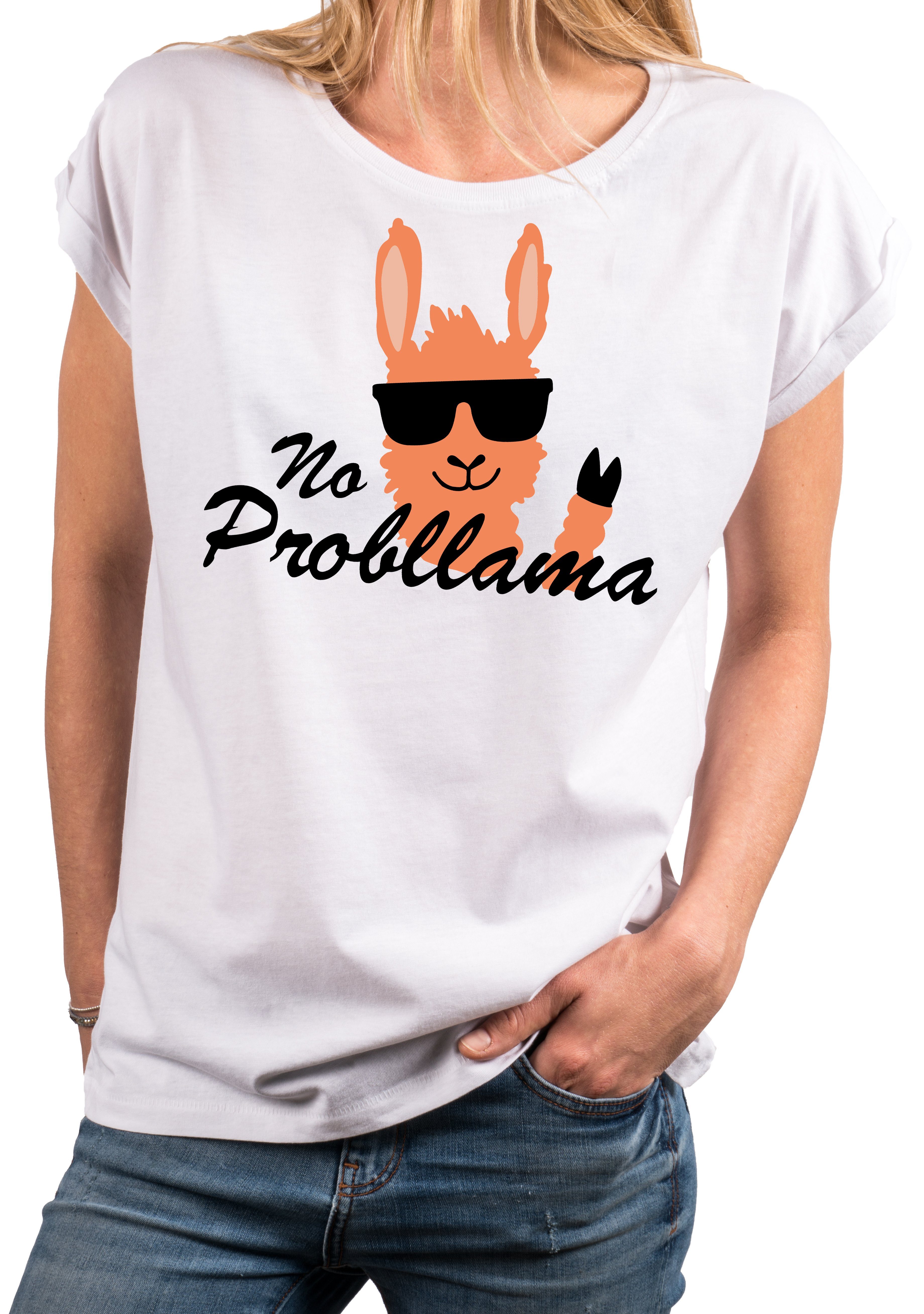 Cool Lama T-Shirt Top Kurzarm Modern Spruch Lustig Damen mit Druck, Baumwolle, aus mit große Weiß Motiv Statement MAKAYA Größen