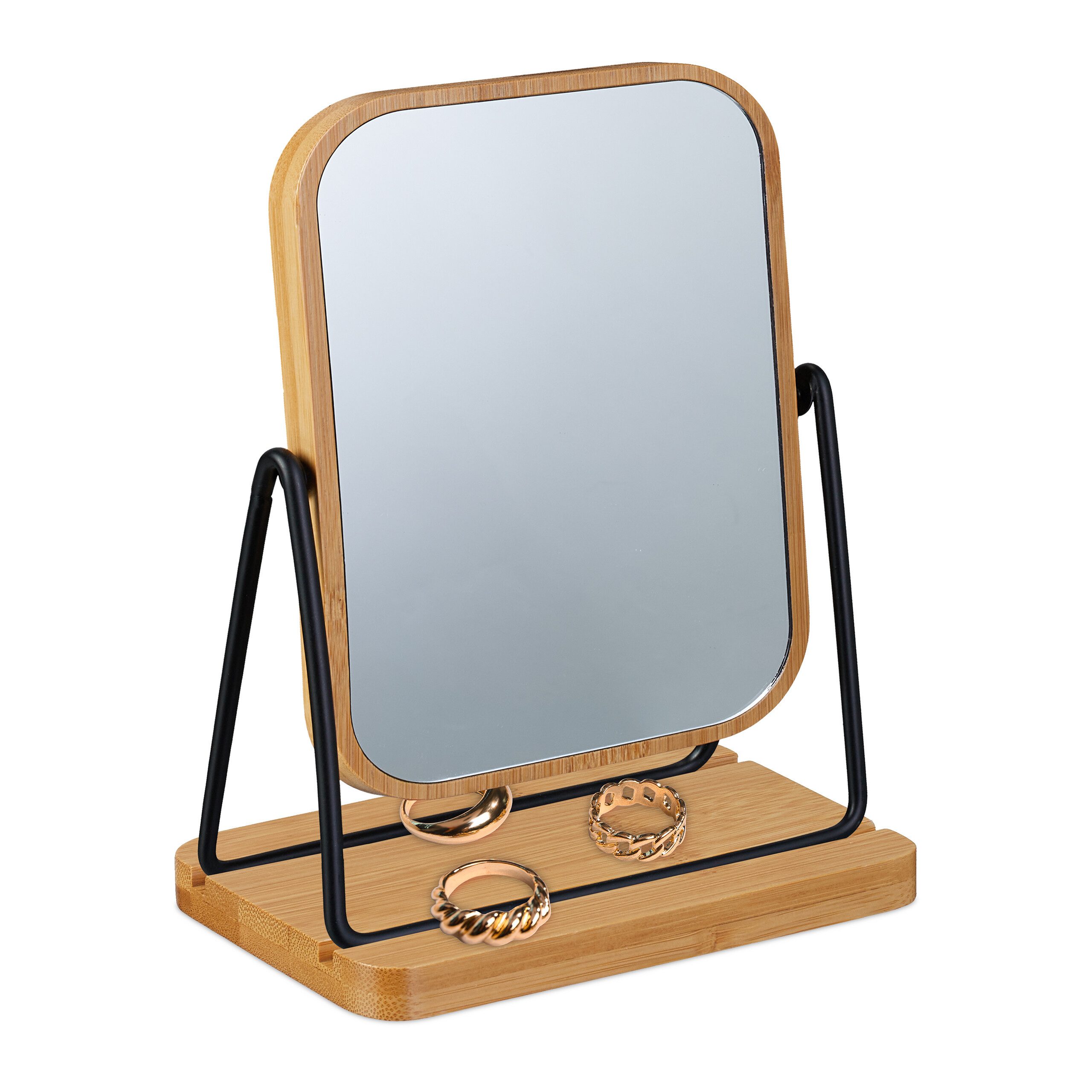 relaxdays Schminkspiegel Tischspiegel mit Bambusrahmen, schwarz günstig online kaufen