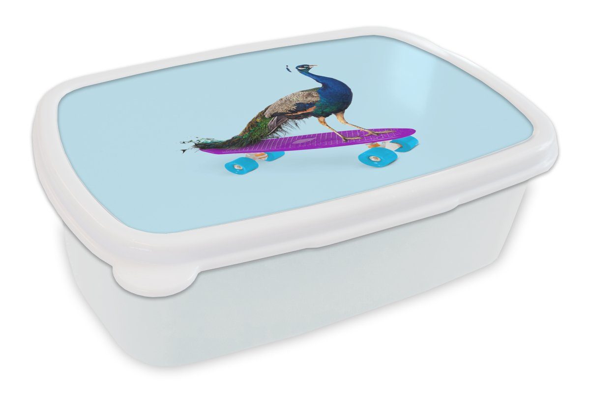 MuchoWow Lunchbox Pfau - Blau - Skateboard - Tiere - Lustig, Kunststoff, (2-tlg), Brotbox für Kinder und Erwachsene, Brotdose, für Jungs und Mädchen weiß