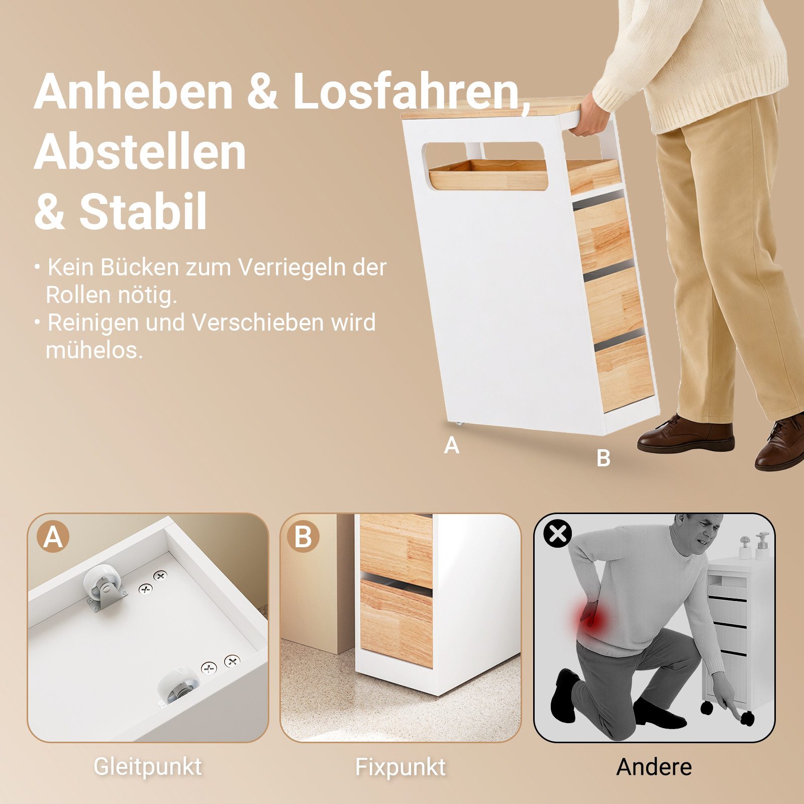 SoBuy Beistellwagen BZR54, Badezimmerschrank mit Rollen, Badschrank schmal, Kommode, Küchenwagen schmal Nischenwagen Badezimmerregal mit Rädern, ausziehbar