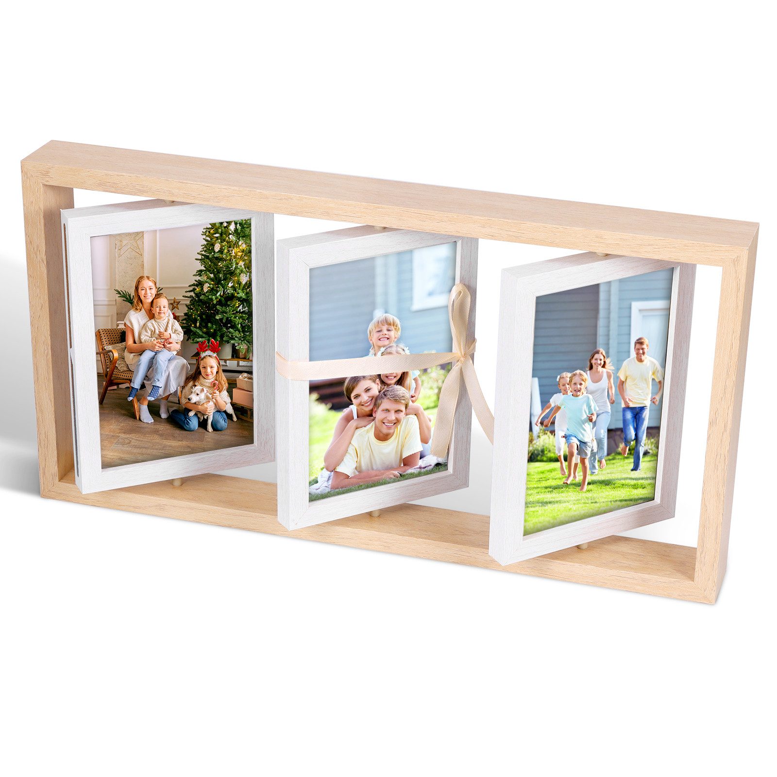 BlingBin Bilderrahmen 3 Falten Drehbarer Bilderrahmen 10x15 Collage Weißer Fotorahemen, für 6 Bilder (1er Set, 1 St), 40,3 X 21 X 4 cm, Doppelseitig 6 Fotos zum Aufstellen für Familie, Hochzeit