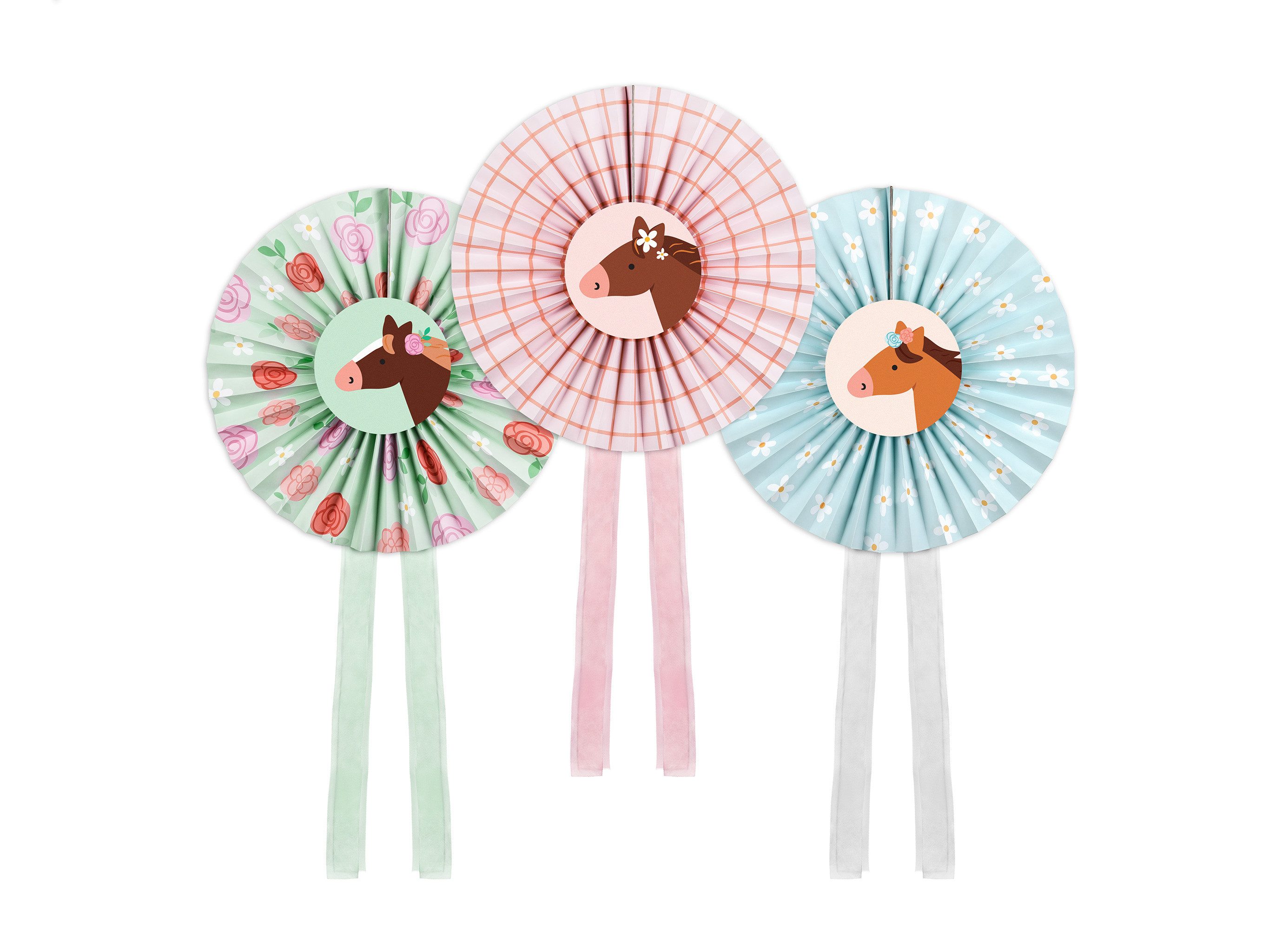 partydeco Papierfächer, Papier Rosetten Deko 35cm mit Pferde Motiv 3er Set Pastell Mix
