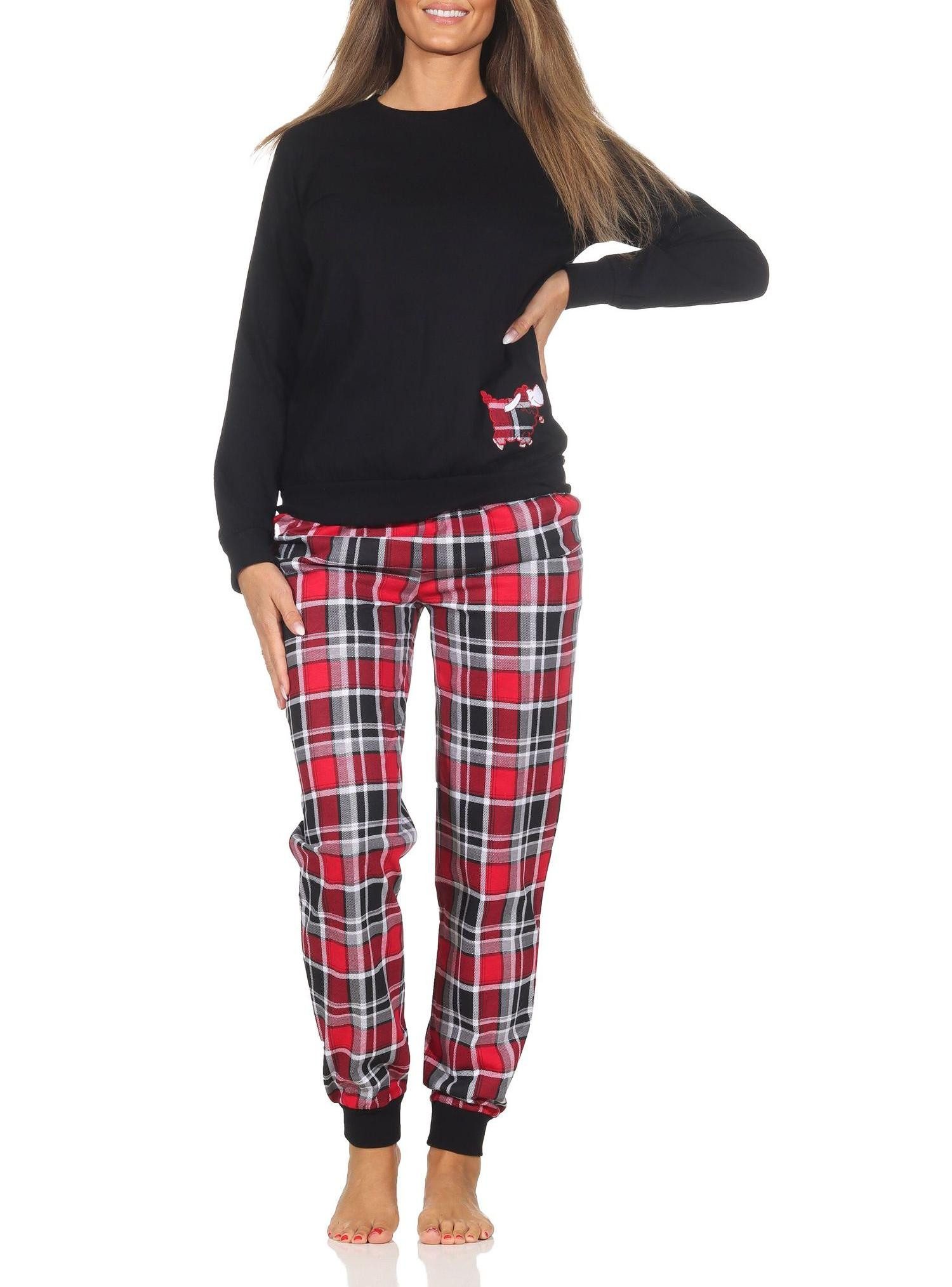 Pyjama Damen Schlafanzug mit Bündchen mit Karohose und niedlichen Tiermotiv