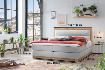 Belanoti Boxspringbett Age (Boxspringbett 160x200 Eiche 7-Zonen Taschenfederkern Matratze inkl, Visco Topper Bett 160x200 in der Farbe Hellgrau H2/H3 Polsterbett), Hotelbett mit Massivholz Eiche Massivholzbett