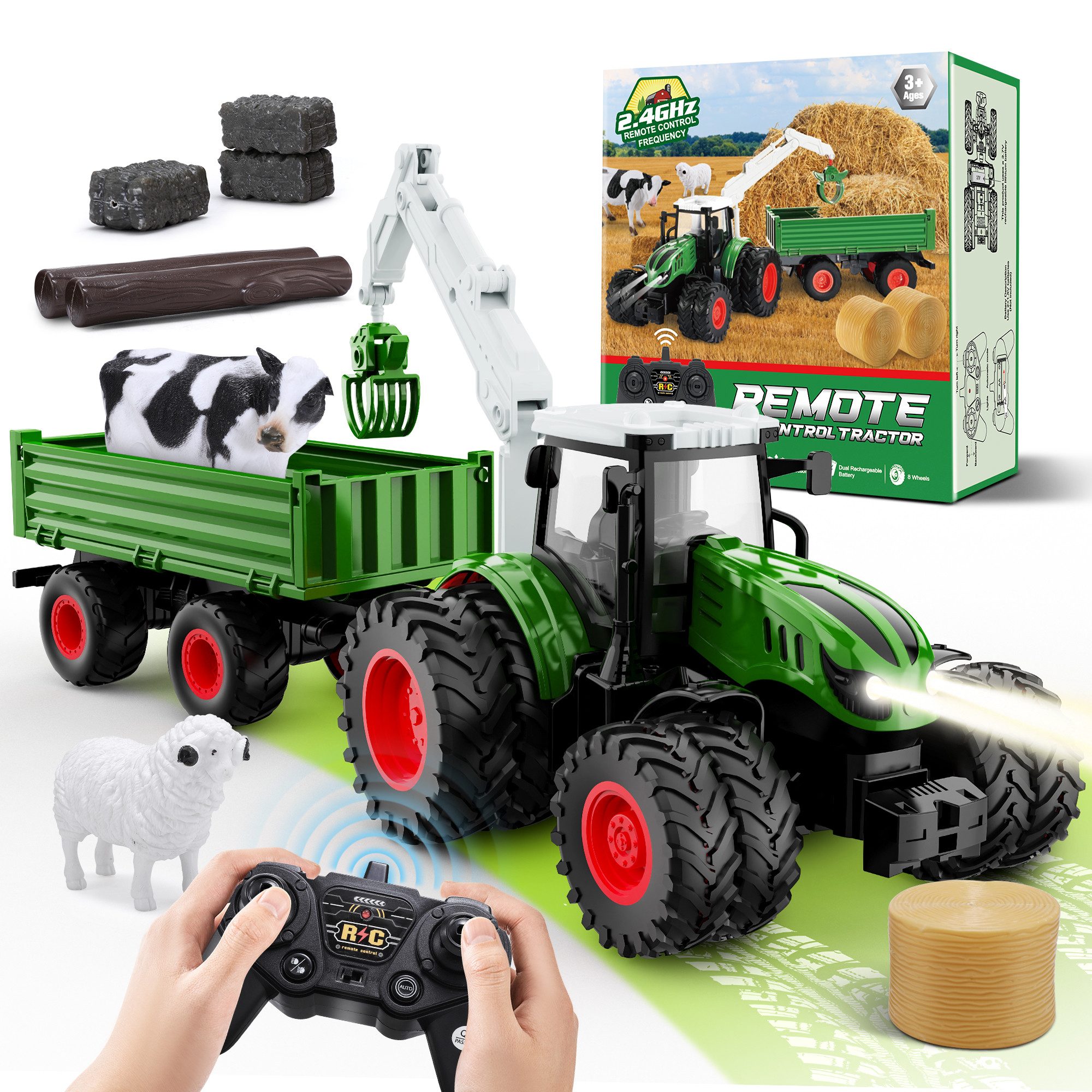 Wootoy RC-Traktor Ferngesteuerter Traktor mit 2,4-GHz-Fernsteuerung und 8-Rad-Antrieb (LED-Licht und 6-Kanal RC Traktor Spielset, 1-tlg., mit Bewegliche Anbauteile und stabile Scharnierkonstruktion), profilierten Gummireifen für Traktion auf verschiedenen Untergründen
