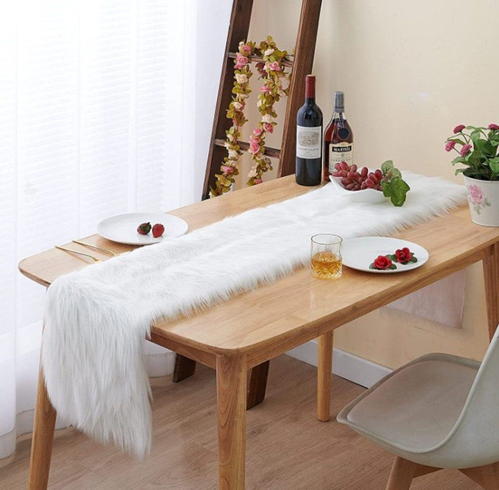 Kunstfell Felloptik Deko, Tischläufer Tischläufe,Modern für aus Wohnzimmer (37x183cm) XDeer Weihnachten,Hochzeit,weiß Tischläufer