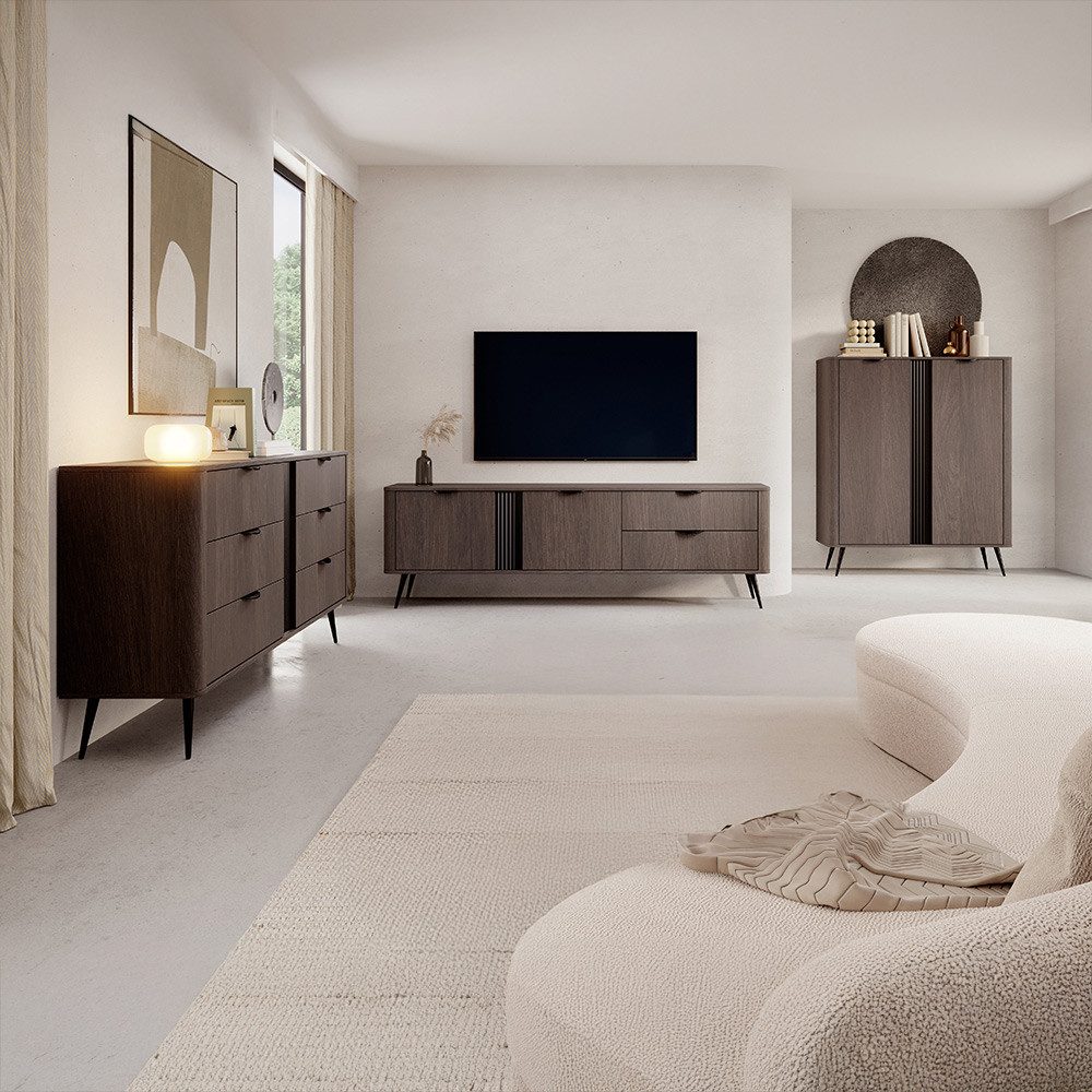Lomadox Wohnzimmer-Set VOLTERRA-167, (Mega-Spar-Set, 3-St., TV-Lowboard Kommode Sideboard), in Eiche mit schwarzem Rillendesign, Füßen und Griffen