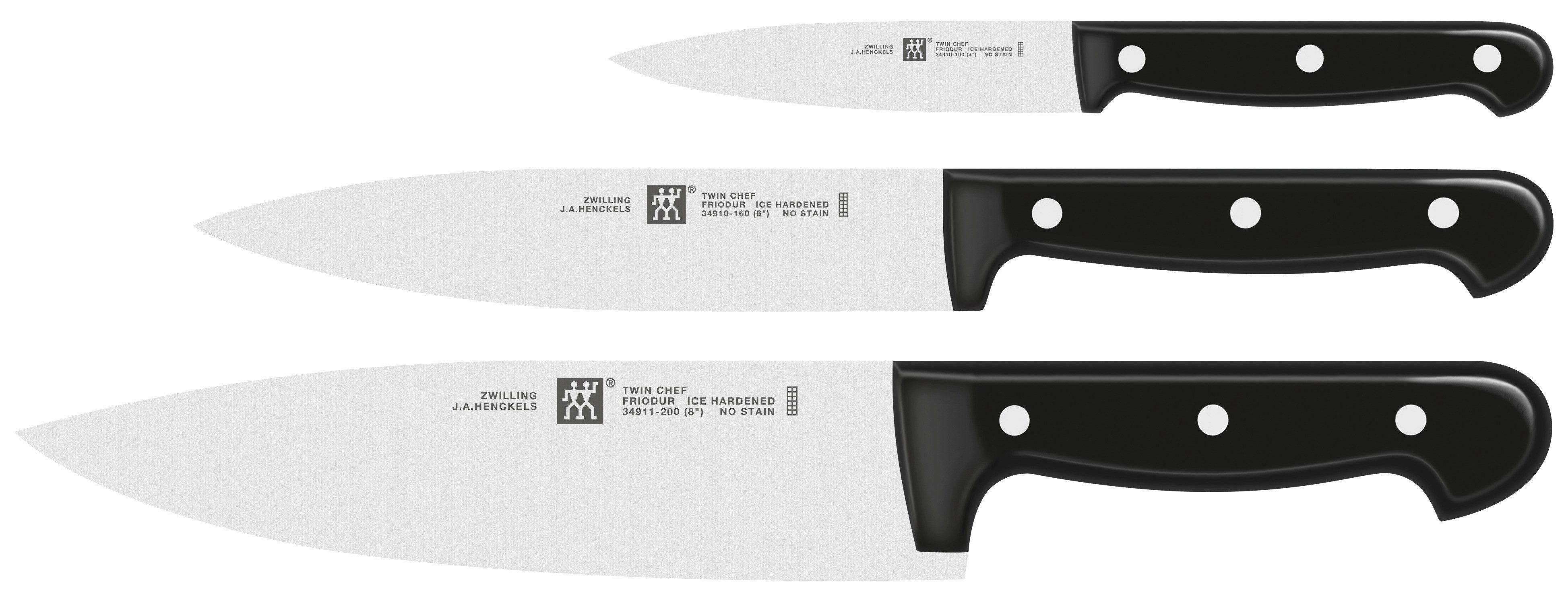 Zwilling Messer-Set TWIN Chef 2 (Set, 3-tlg., 1 Spickrmesser (10 cm), 1 Fleischmesser (16 cm), 1 Kochmesser (20 cm), Sonderschmelze, Ergonomisch, Robust, Langlebig