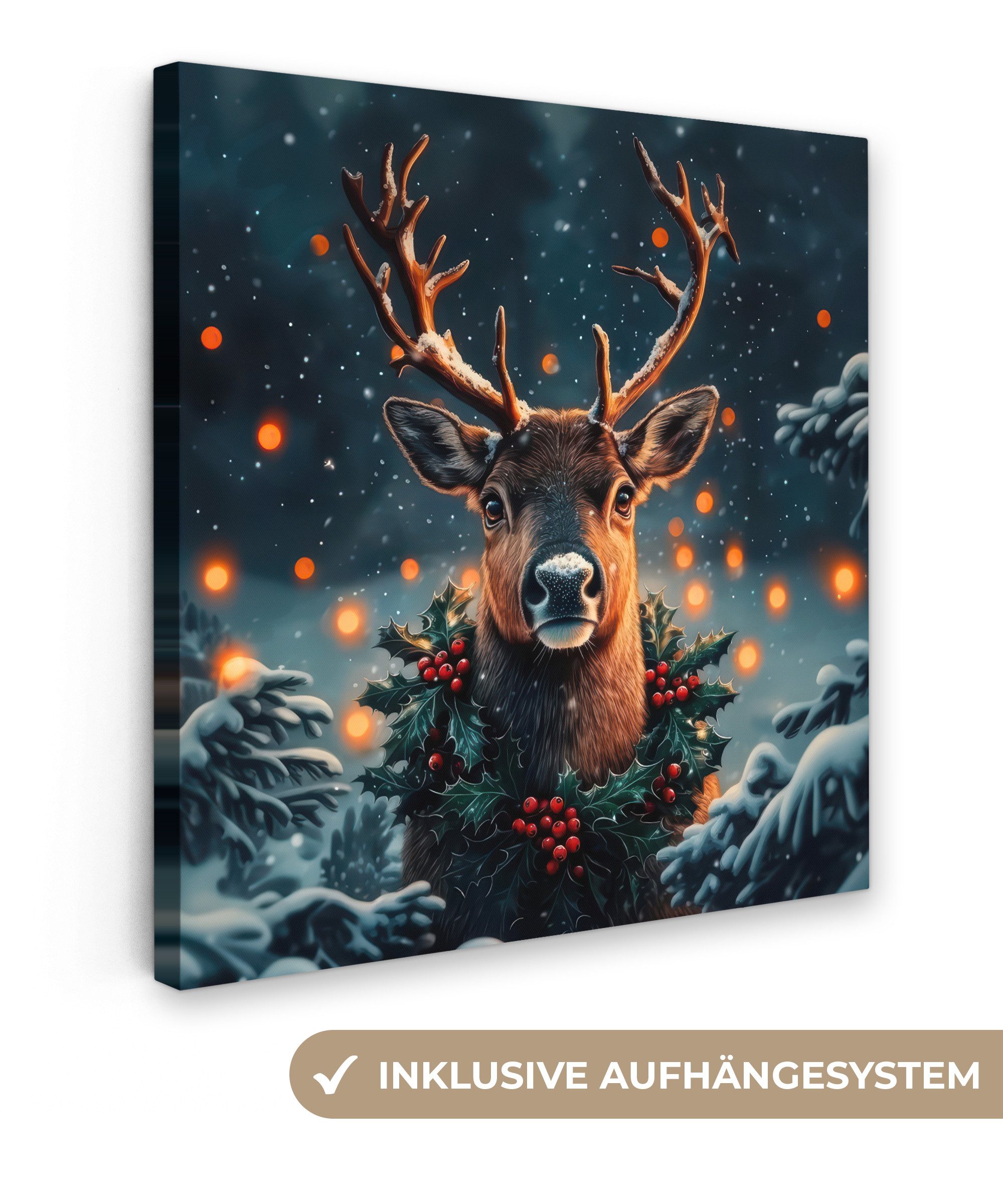 OneMillionCanvasses® Leinwandbild Hirsch - Weihnachten - Winter - Schnee - Weihnachtskranz, Fotodruck (1 St), Wandbild, Deko Schlafzimmer Wohnzimmer Flur 20x20 cm