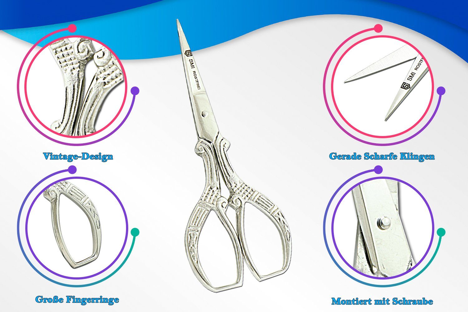 SMI Papierscheren Stickschere Vintage Nähschere Handarbeitsschere Fadenschere mit Etui