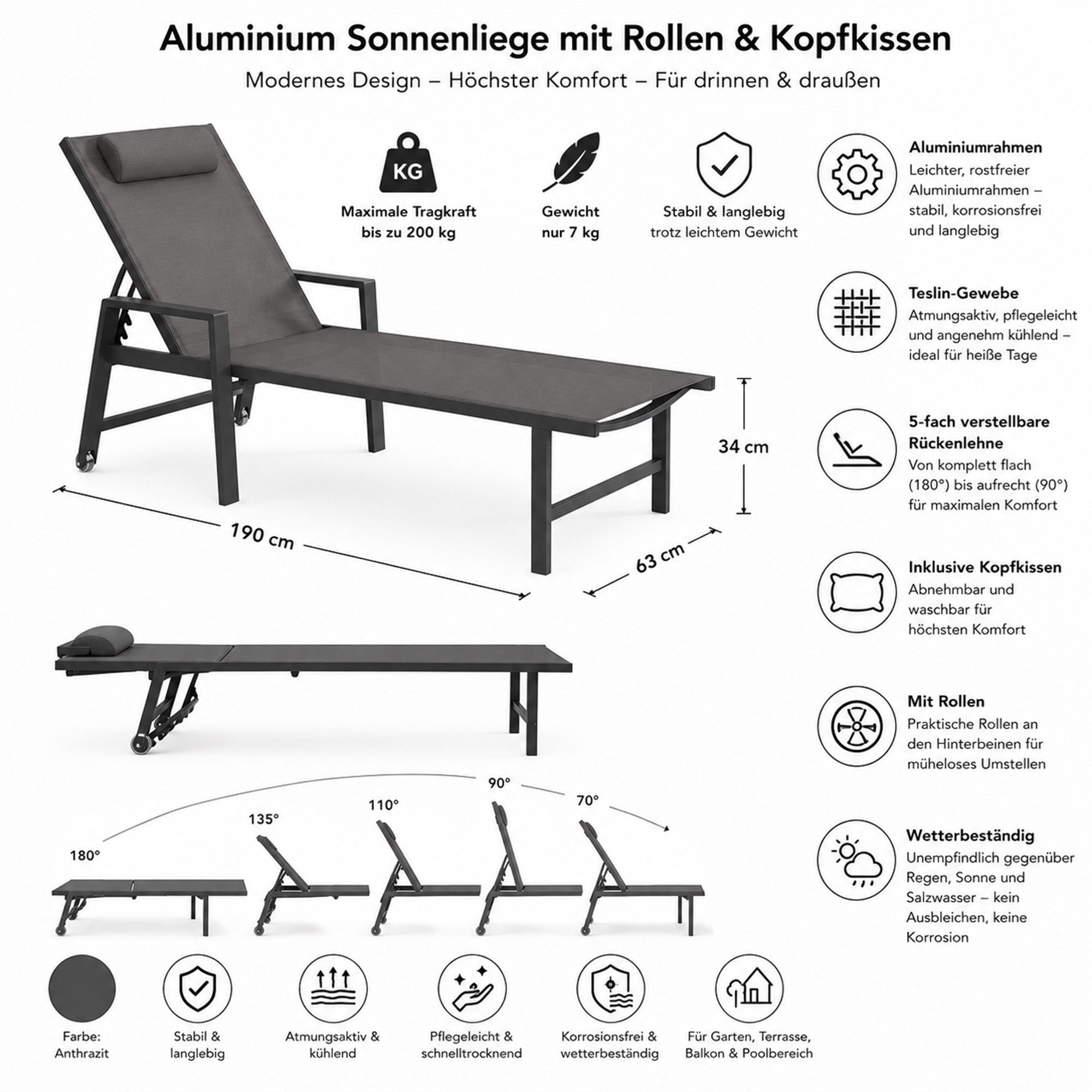 Mucola Gartenliege Sonnenliege Aluminium Liegestuhl Terrassenliege Relaxliege, Stück, 1 St., 1-tlg., 5-fach verstellbare Rückenlehne