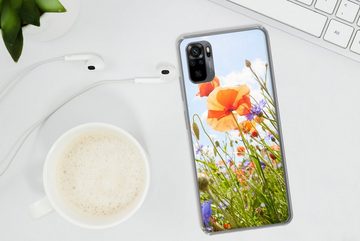 MuchoWow Handyhülle Blumen - Mohn - Frühling - Natur - Rot - Blau, Phone Case, Handyhülle Xiaomi Redmi Note 10, Silikon, Schutzhülle