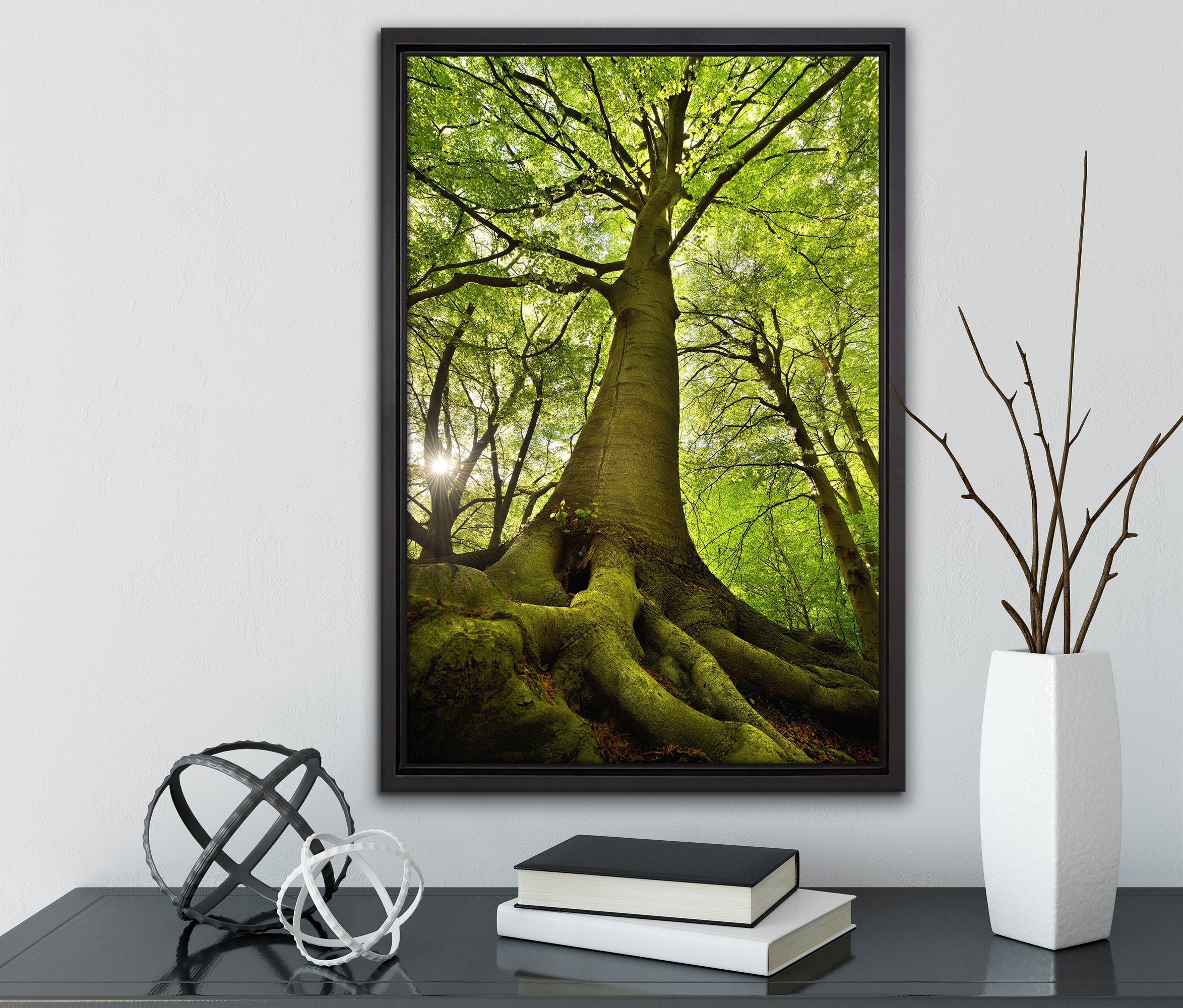 Pixxprint Leinwandbild Zackenaufhänger Baum im (1 in fertig inkl. Wanddekoration gefasst, Riesiger Schattenfugen-Bilderrahmen einem Leinwandbild Dschungel, bespannt, St)