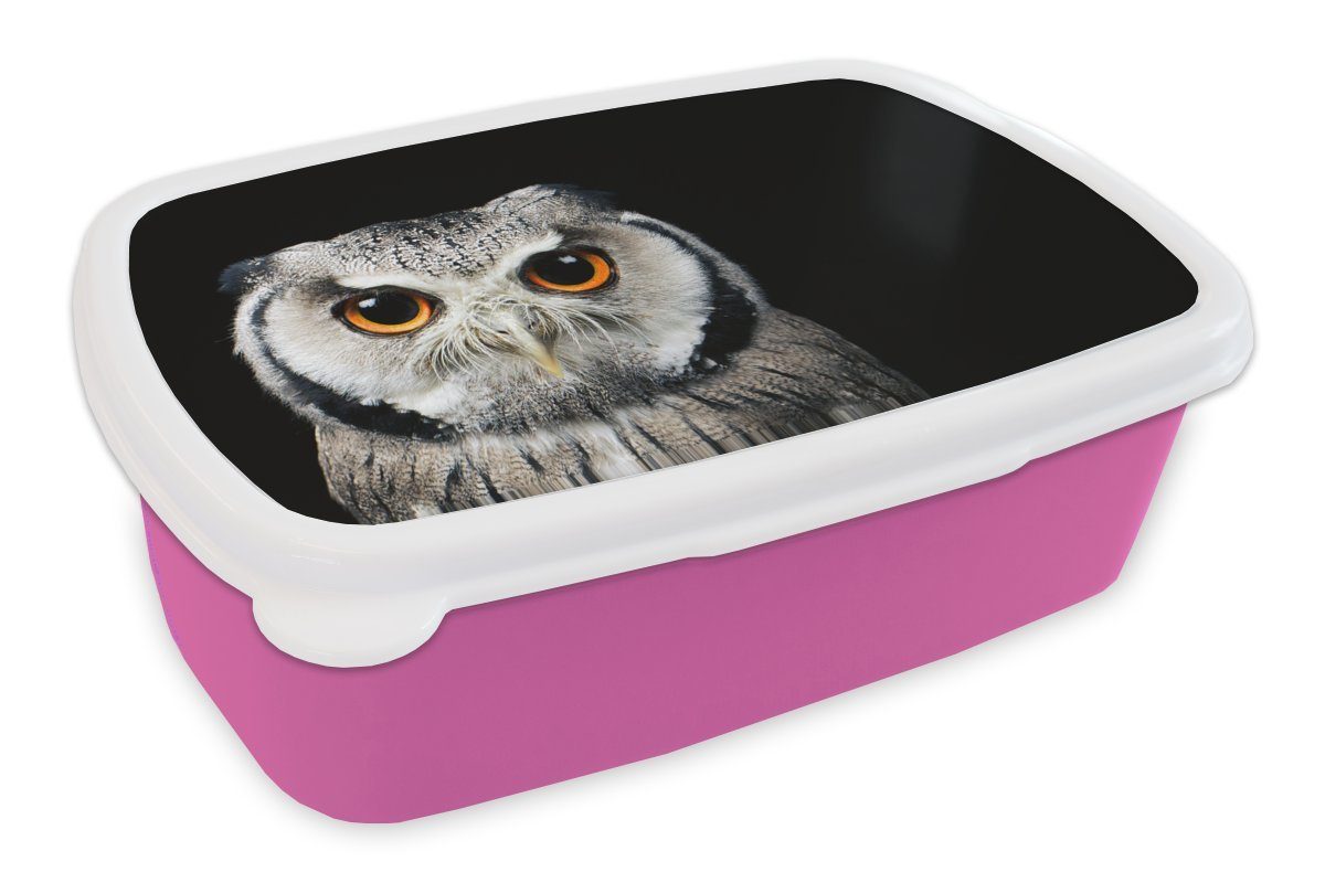 MuchoWow Lunchbox Nahaufnahme Brotdose Brotbox Kunststoff Erwachsene, Kunststoff, Kinder, rosa Snackbox, (2-tlg), Eule, für Mädchen