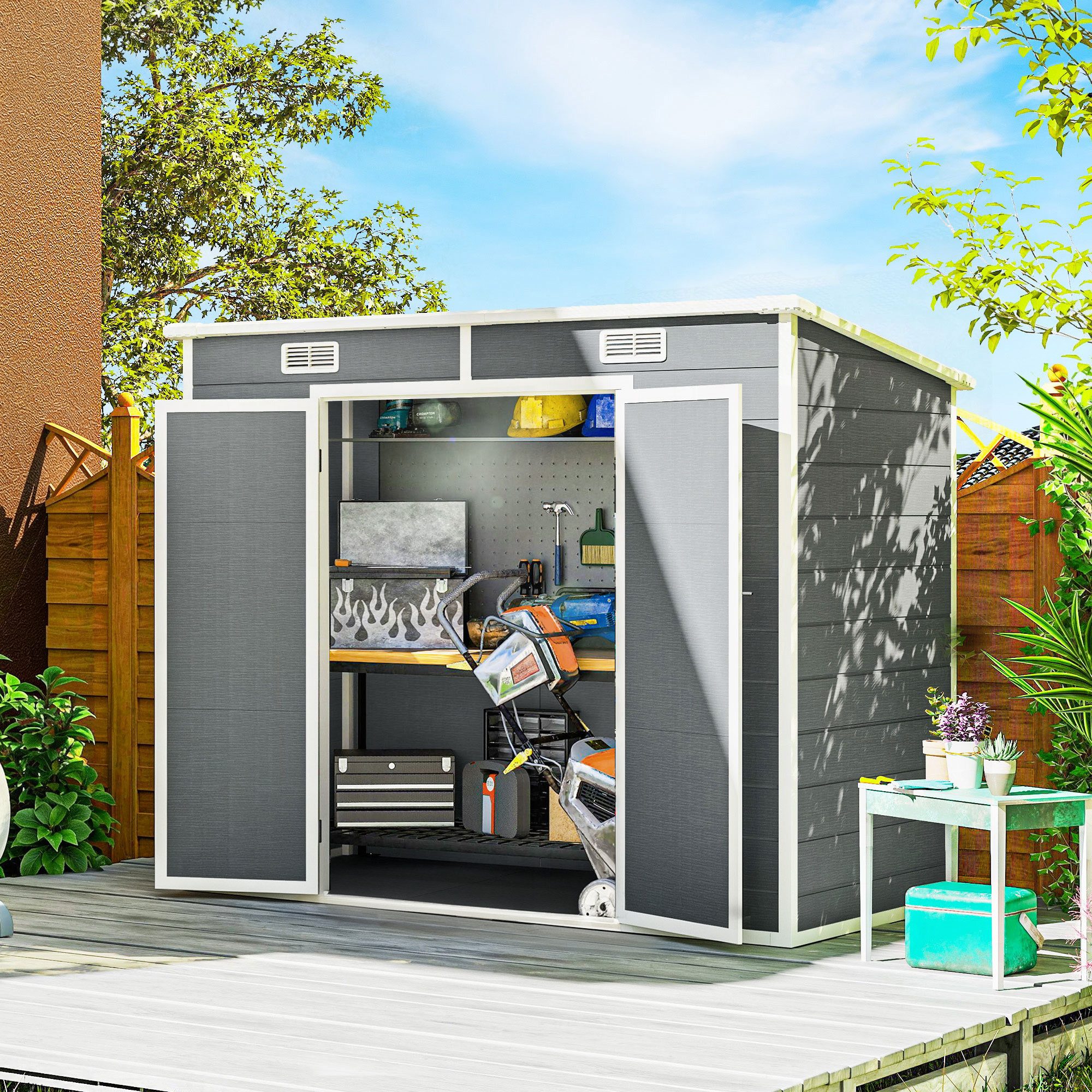 Outsunny Gerätehaus Gartenhaus mit Boden Pultdach, Geräteschuppen, BxT: 238x125 cm, (Gartenhaus, 1 St., Geräteschuppen), aus Alu, für Hinterhof, Garten, Grau
