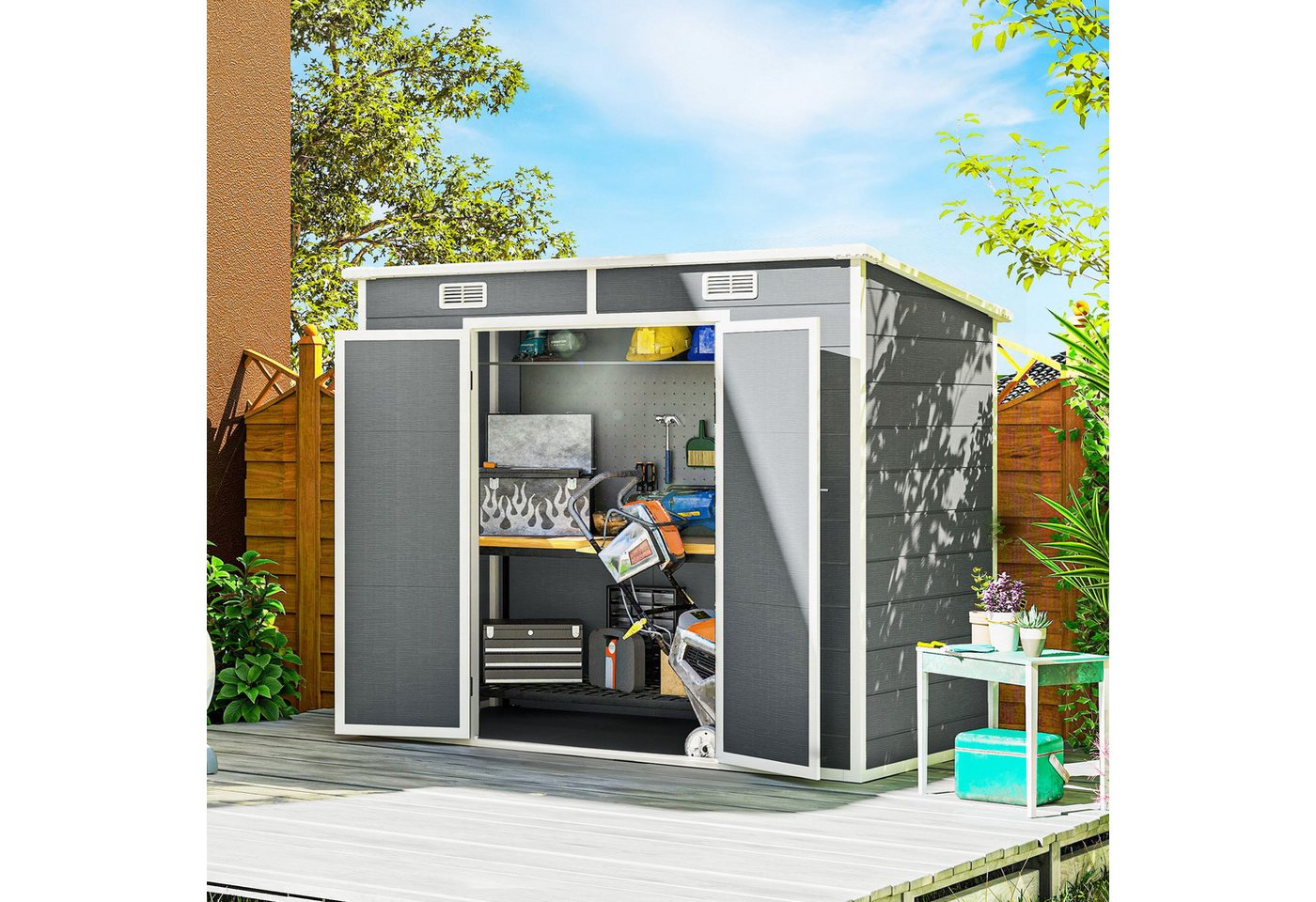 Outsunny Gerätehaus Gartenhaus mit Boden Pultdach, Geräteschuppen, BxT: 238x125 cm, (Gartenhaus, 1 St., Geräteschuppen), aus Alu, für Hinterhof, Garten, Grau