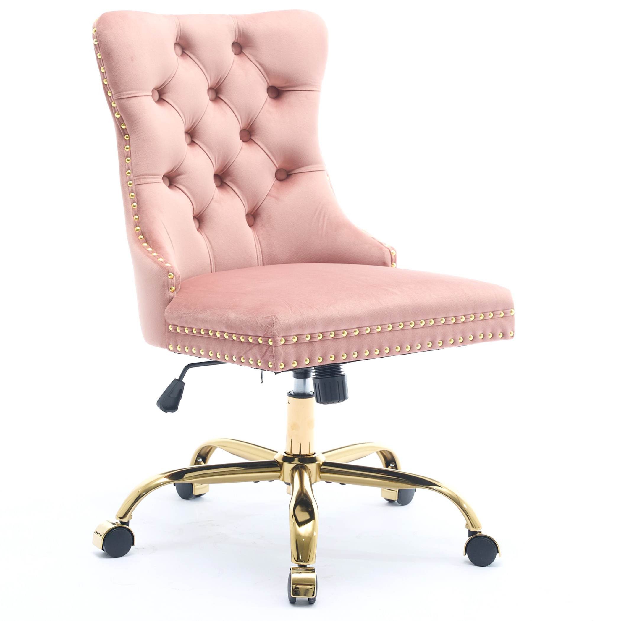 SeedWave Bürostuhl Samt-Schminkstuhl mit gesteppter Rückenlehne und Nagelkopfverzierung, Vintage Britischer, höhenverstellbar, schwenk- & rollbar, bis 150 kg