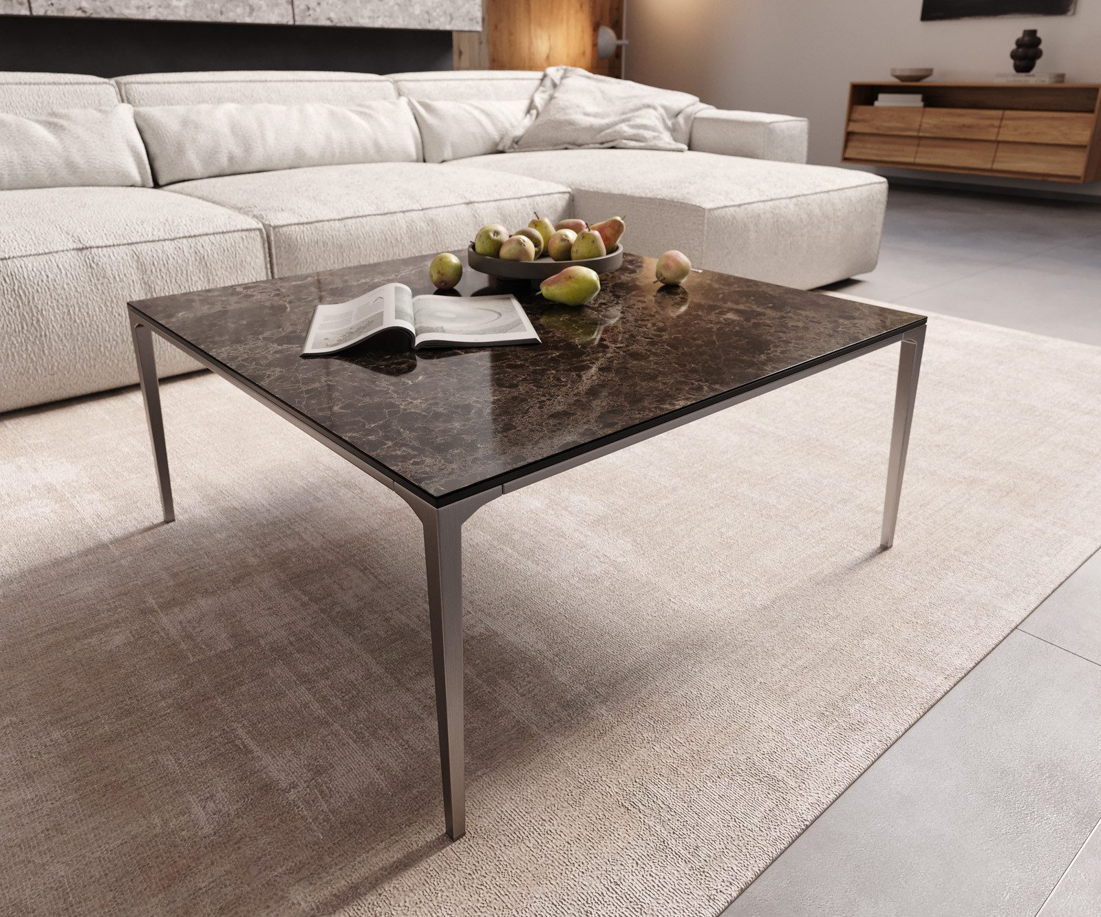 DELIFE Couchtisch Levente, Keramik Emperador Extra Lucidato Dunkelbraun 85x85 cm Gestell Edelstah