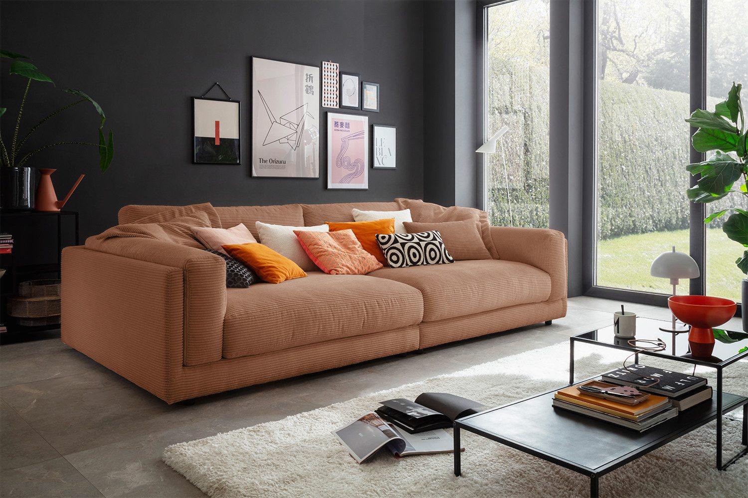 KAWOLA Big-Sofa RAINA, Couch Cord oder Leder verschiedene Farben 254x150 cm