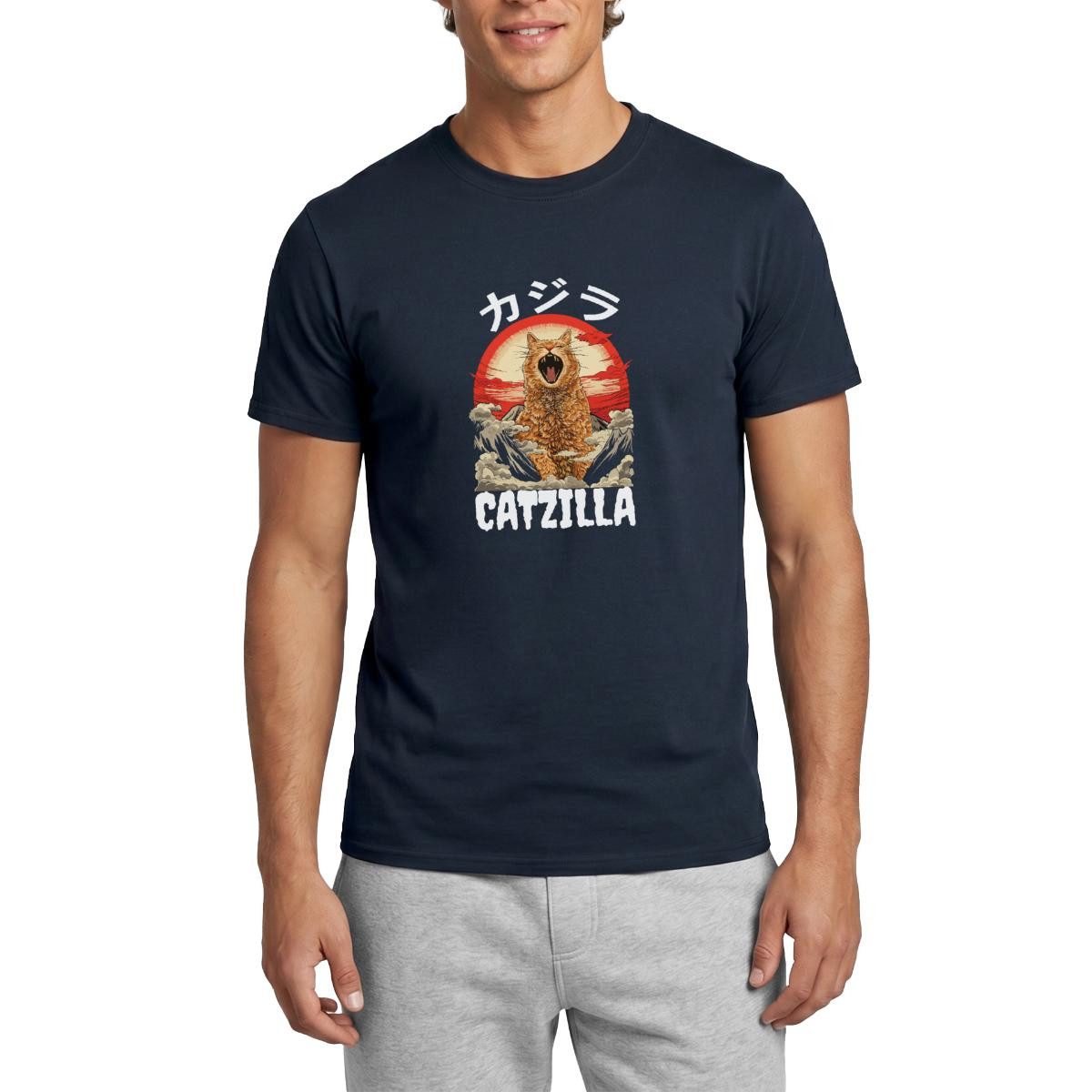Spreadshirt T-Shirt Riesige Brüllende Katze, Japanisch Inspirierter Look Männer T-Shirt (1-tlg)